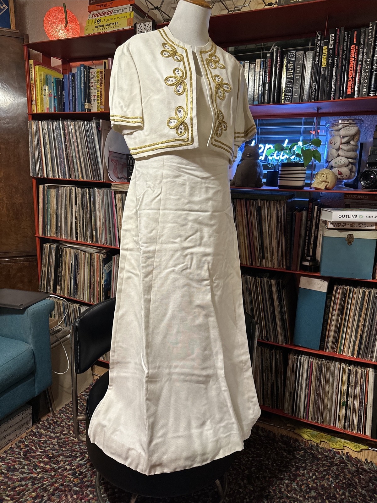 Vintage 60s stephen o’ grady white gold trim dress with shoal
