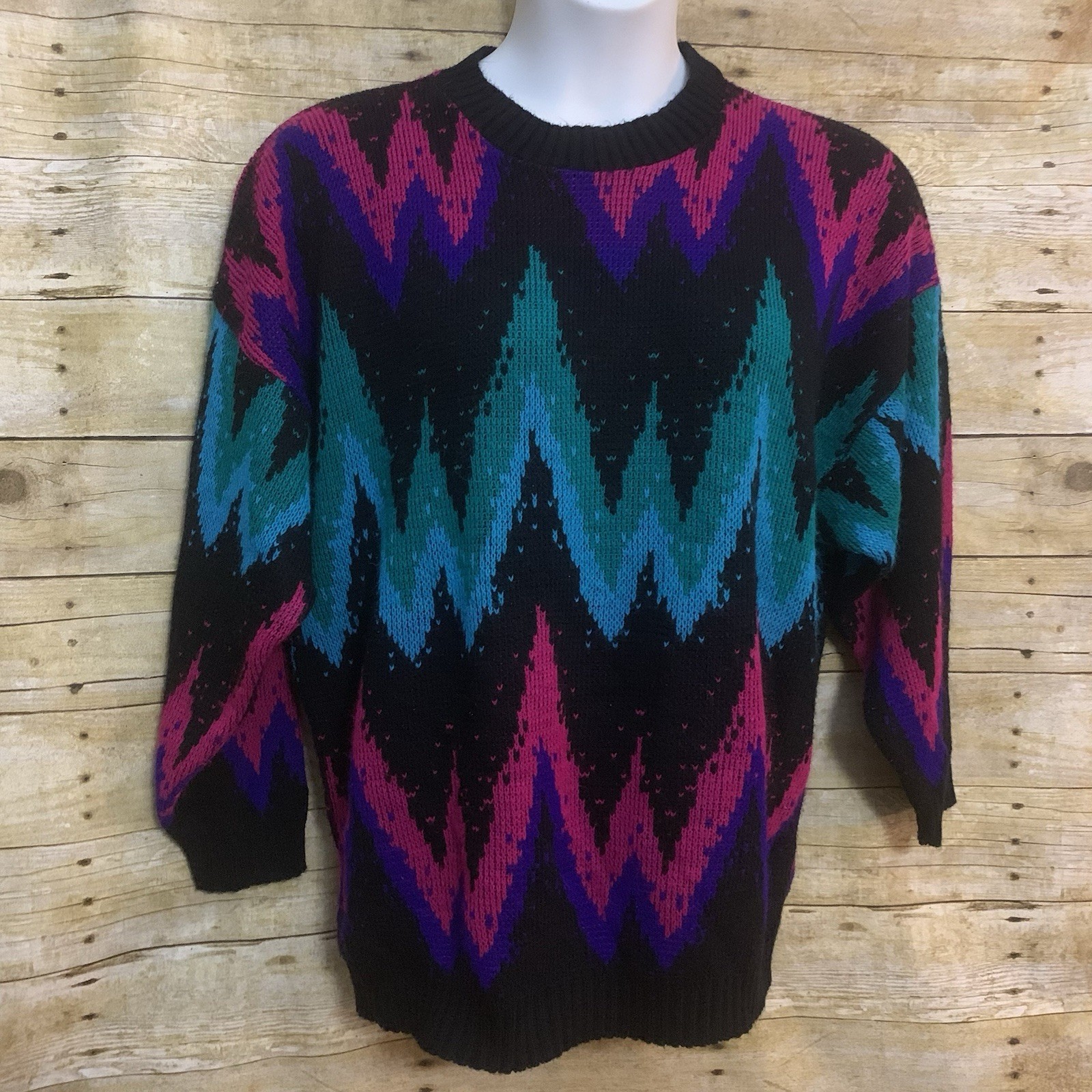 VTG Classic Essentials Size 24W Sweater Black Pink Blue Green Geometric Pattern