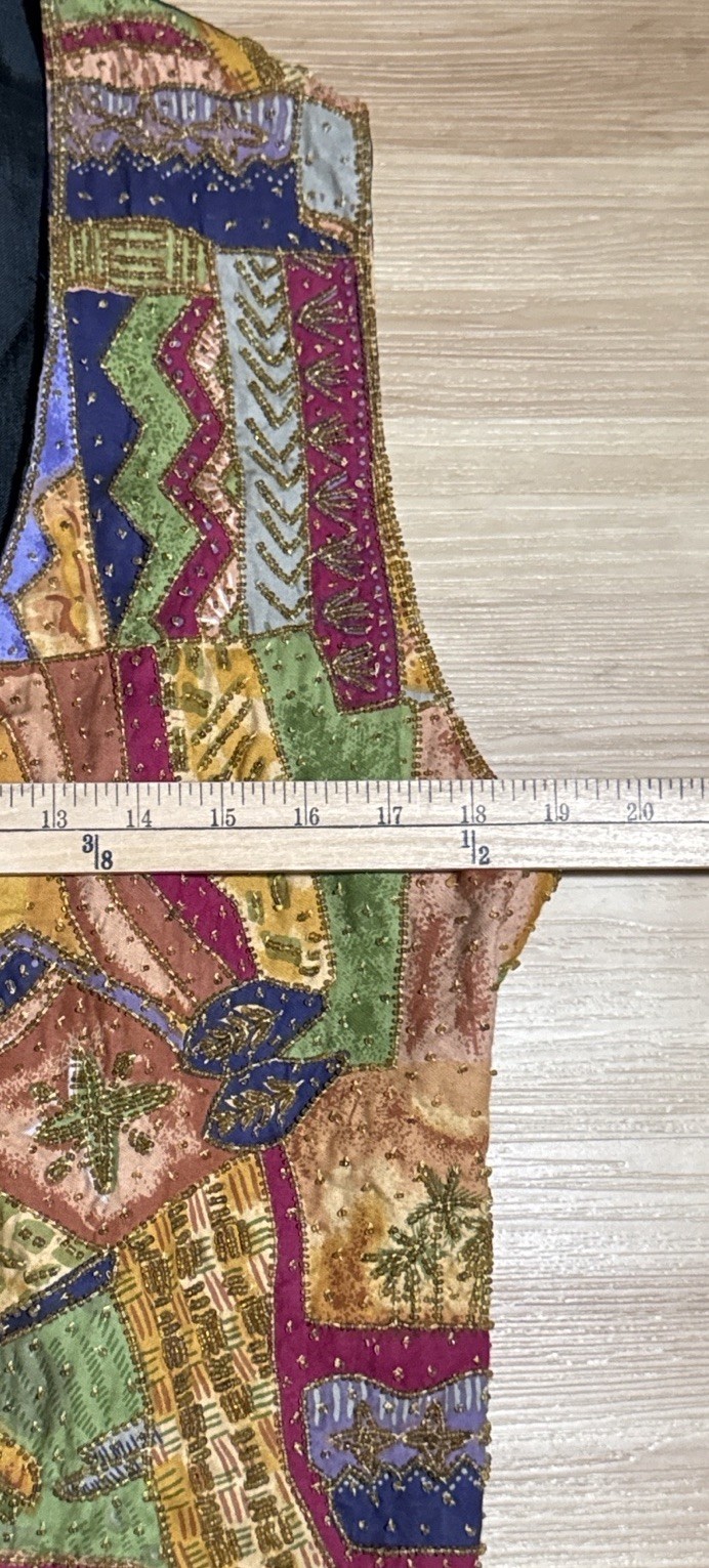 Beaded Patchwork Boho Vest Sue Brett India Satin Rayon Vintage 90s M