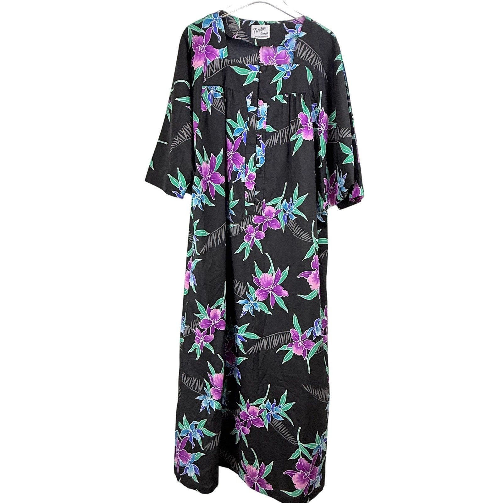 Paradise Hawaii Vintage Floral Muumuu Dress Purple Orchid Maxi Kimono WOMEN XL