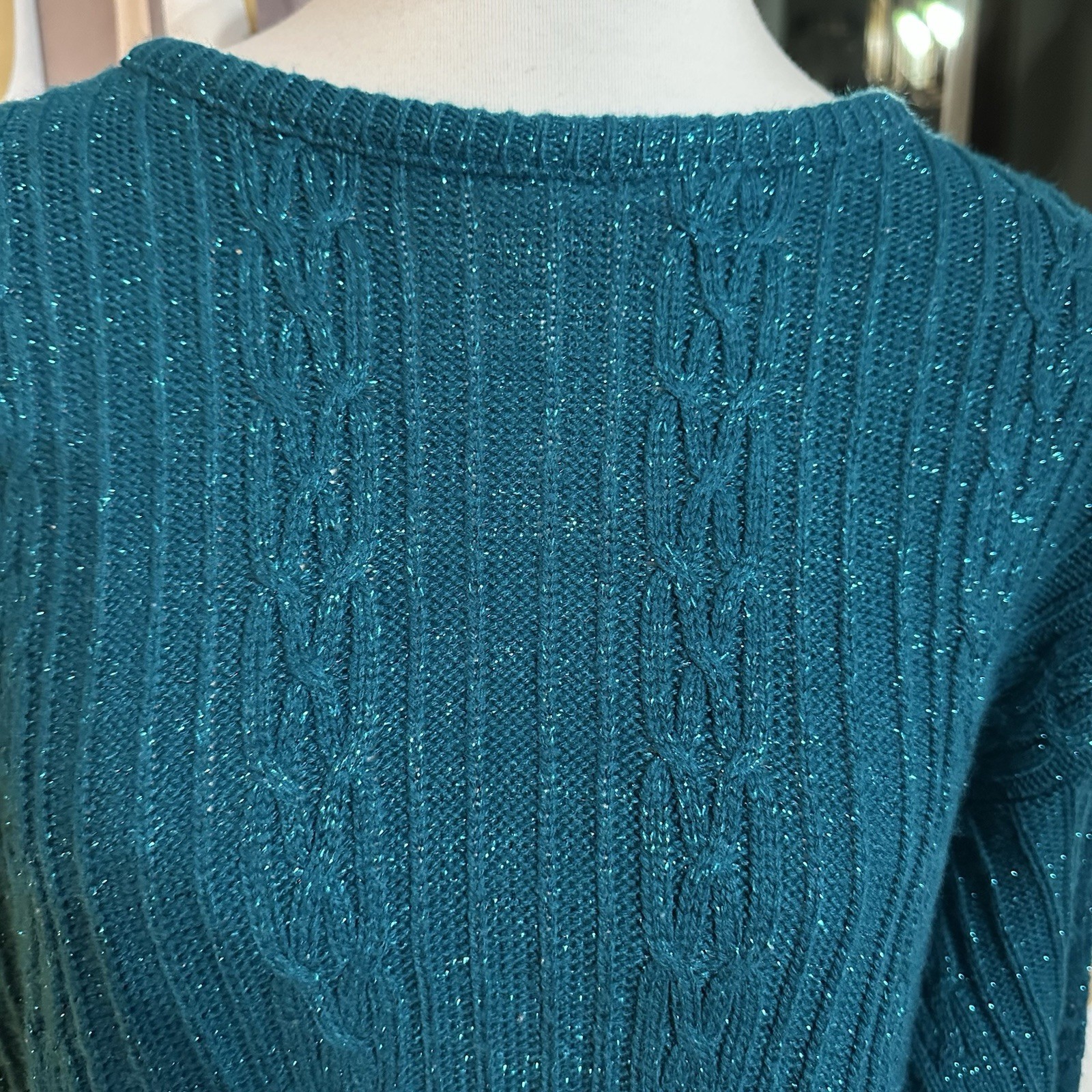 1980s Diane Von Furstenberg teal glitter long sleeve knit sweater Size Unknown