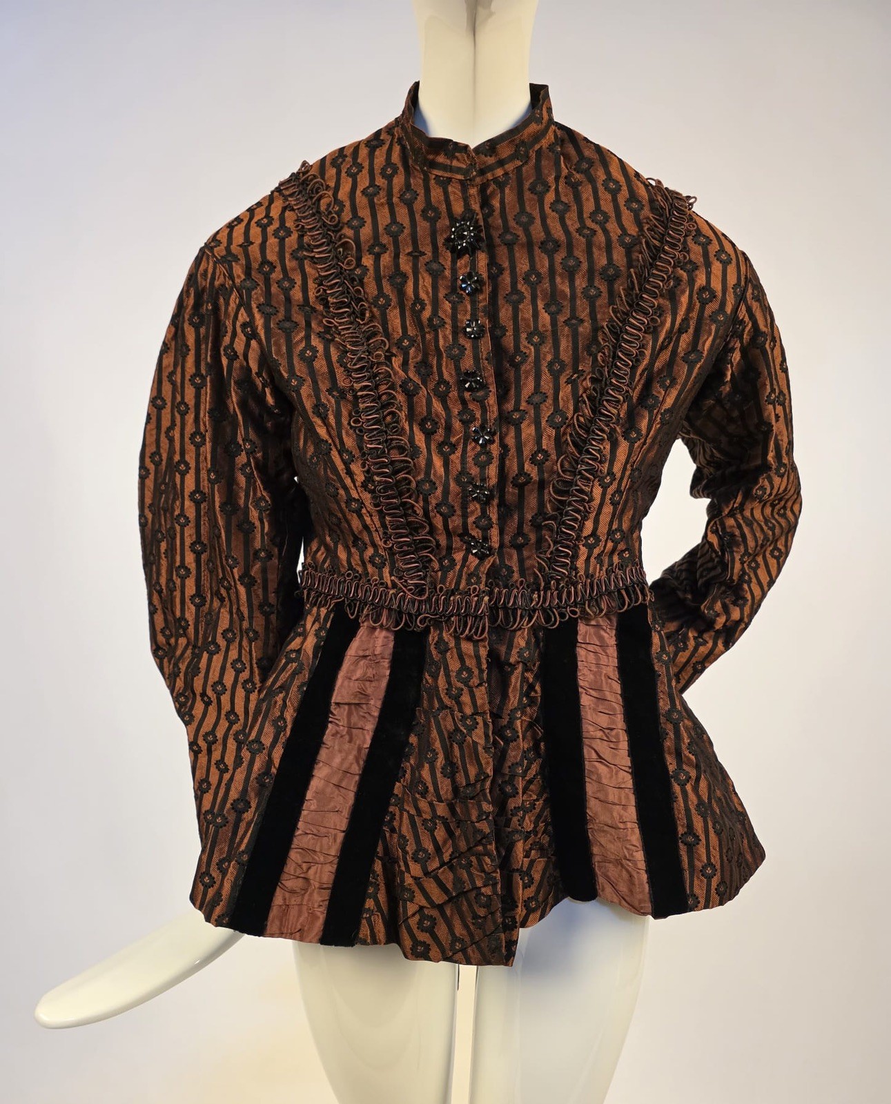 CIVIL WAR ERA 1860’S STRIPED FLORAL SILK BROCADE BODICE W CORD TRIM