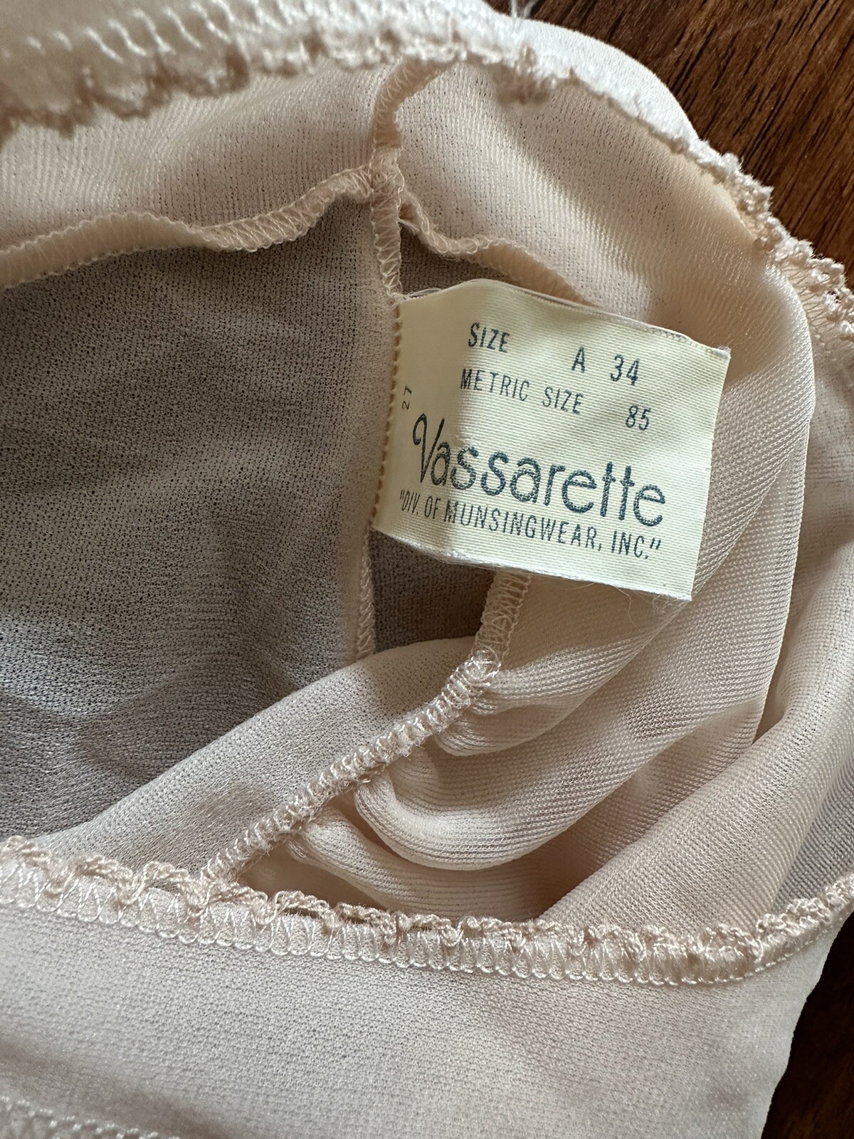 VTG 70s Vassarette Full Slip Dress Sheer Nude Lettuce Edge 34A