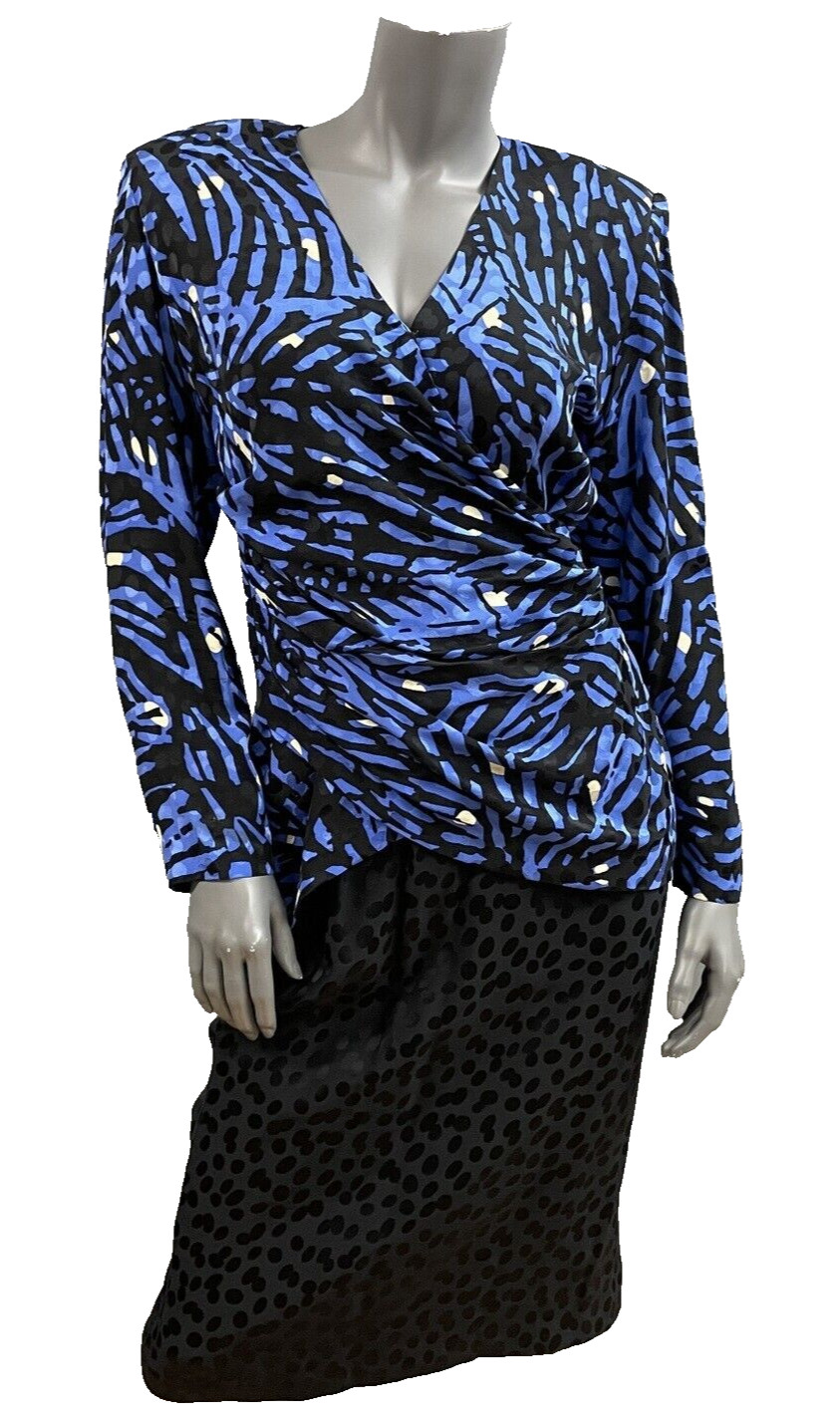 Silks by St. Gillian 2Pc Dress 100% Silk Size 8/10 Blue & Black VTG 80s Pads