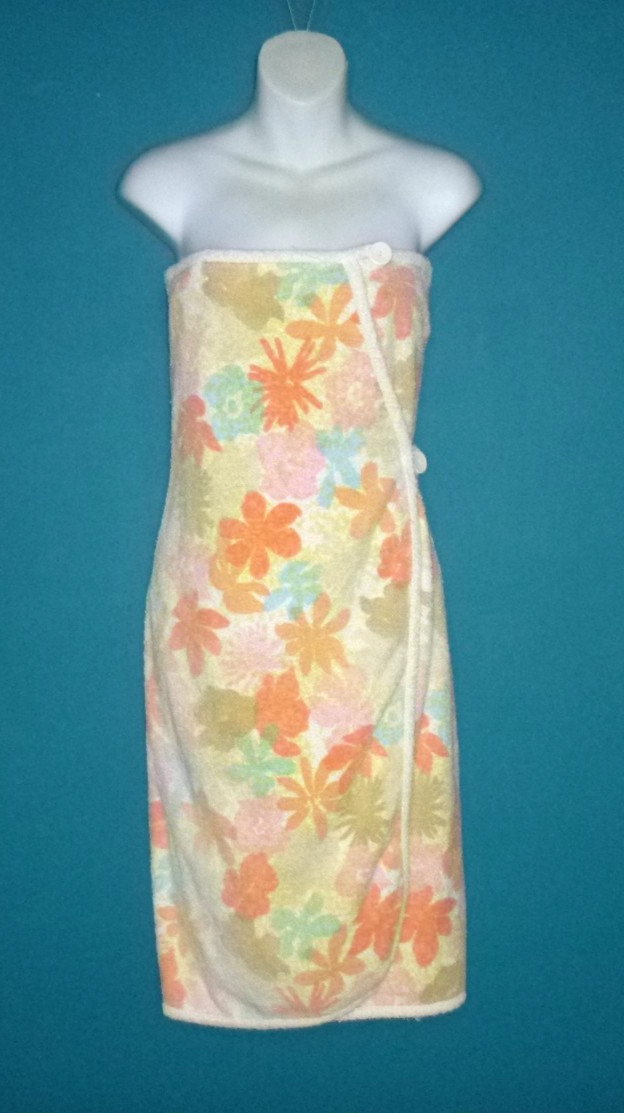 Vtg 60s Gertrude Wraparong Cotton Terry Flower Power Sarong Beach Cover Up Sz S