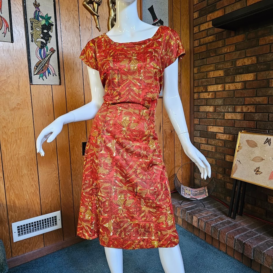 Vintage 50s 60s Novelty MCM Fall Print Volup Graphic Shirtwaist Swing Dress L
