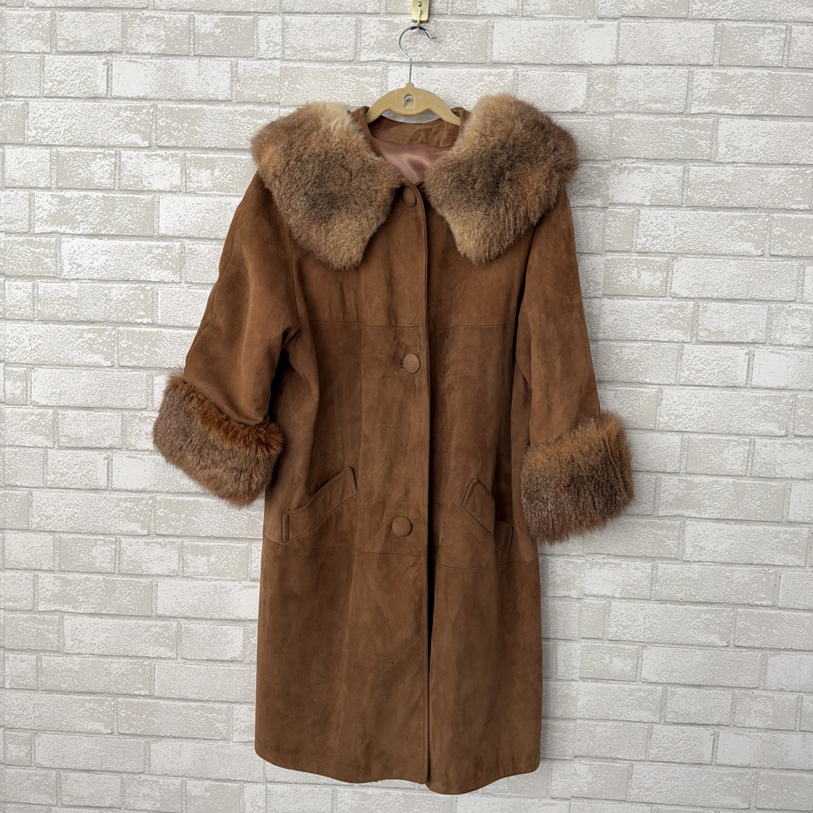 Vintage Women’s Brown Suede Trench Coat With Fur Lining Side Large EUC