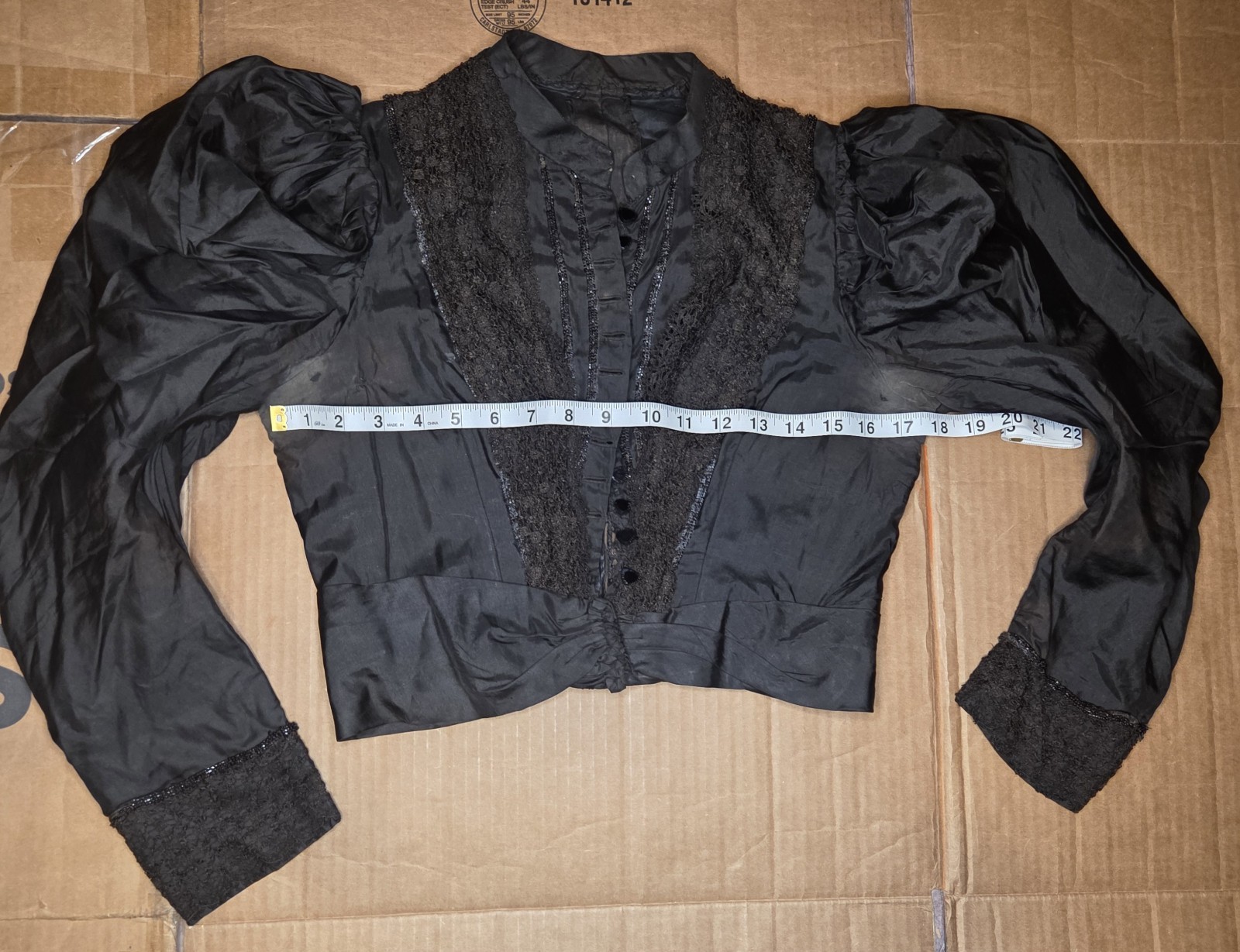 Black Victorian Silk Leg Of Mutton Sleeved Bodice With Lace & Glass Buttons READ