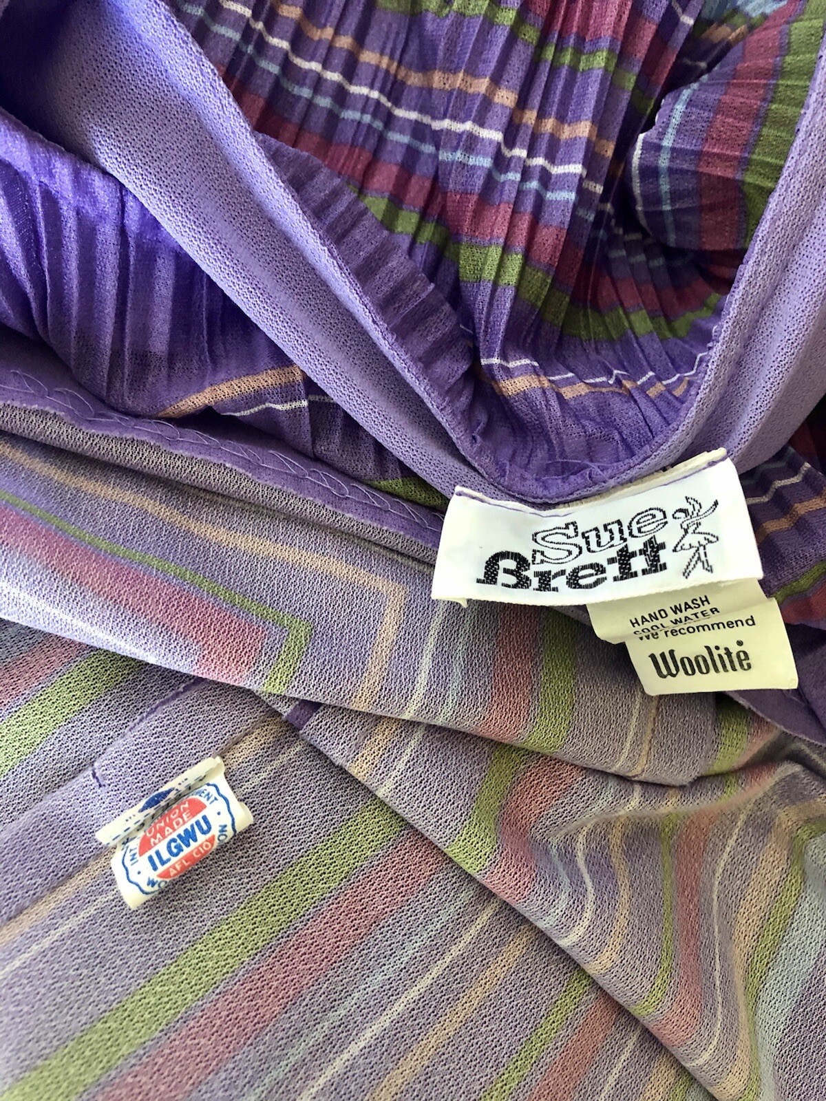 Vintage Sue Brett Purple Multi Blouson Dress Semi Sheer Stripes Dots Pleats 5/6