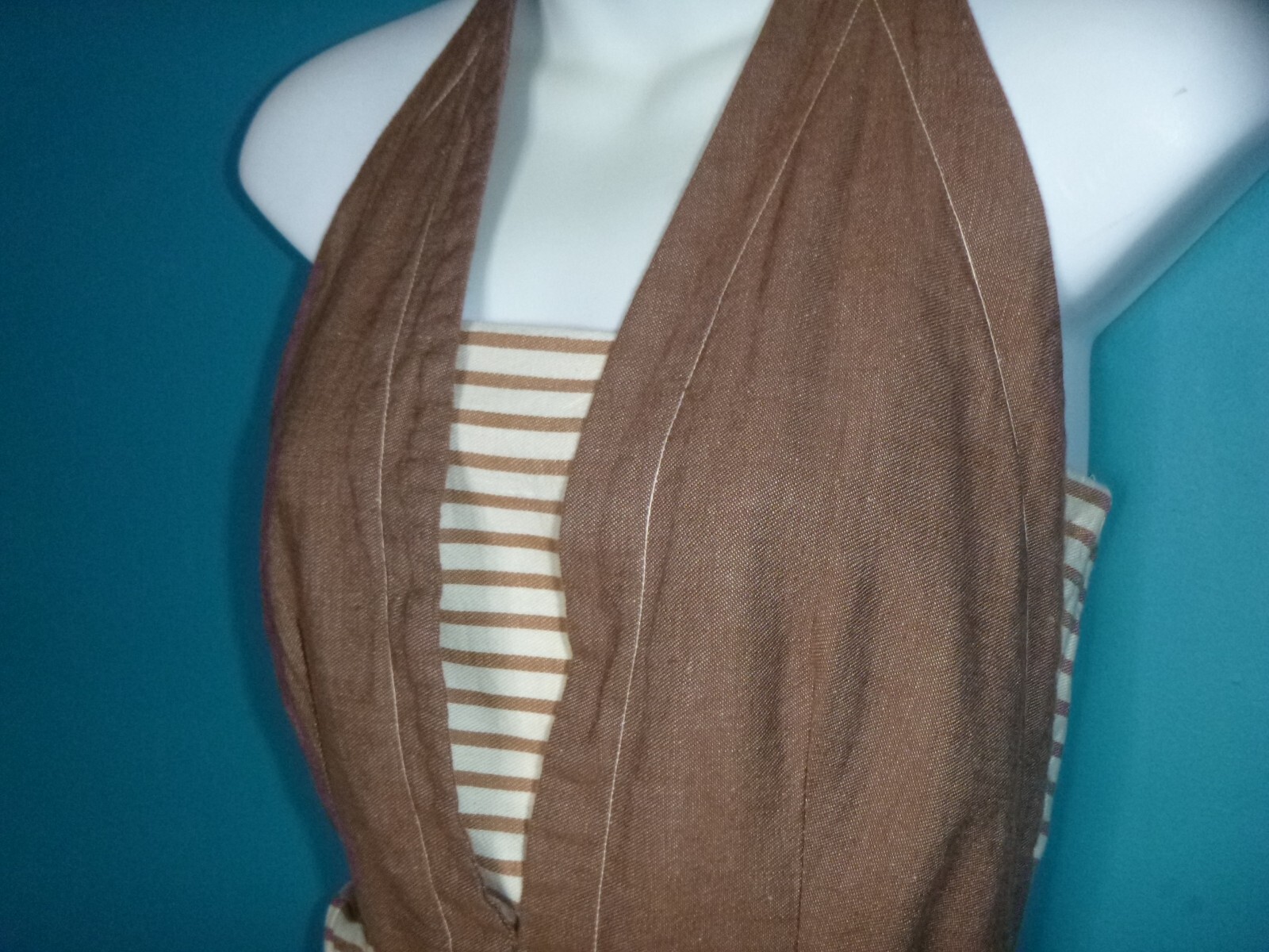 Vtg 60s junior House Brown Denim Halter Dress W/ Striped Top & Sash Sz S