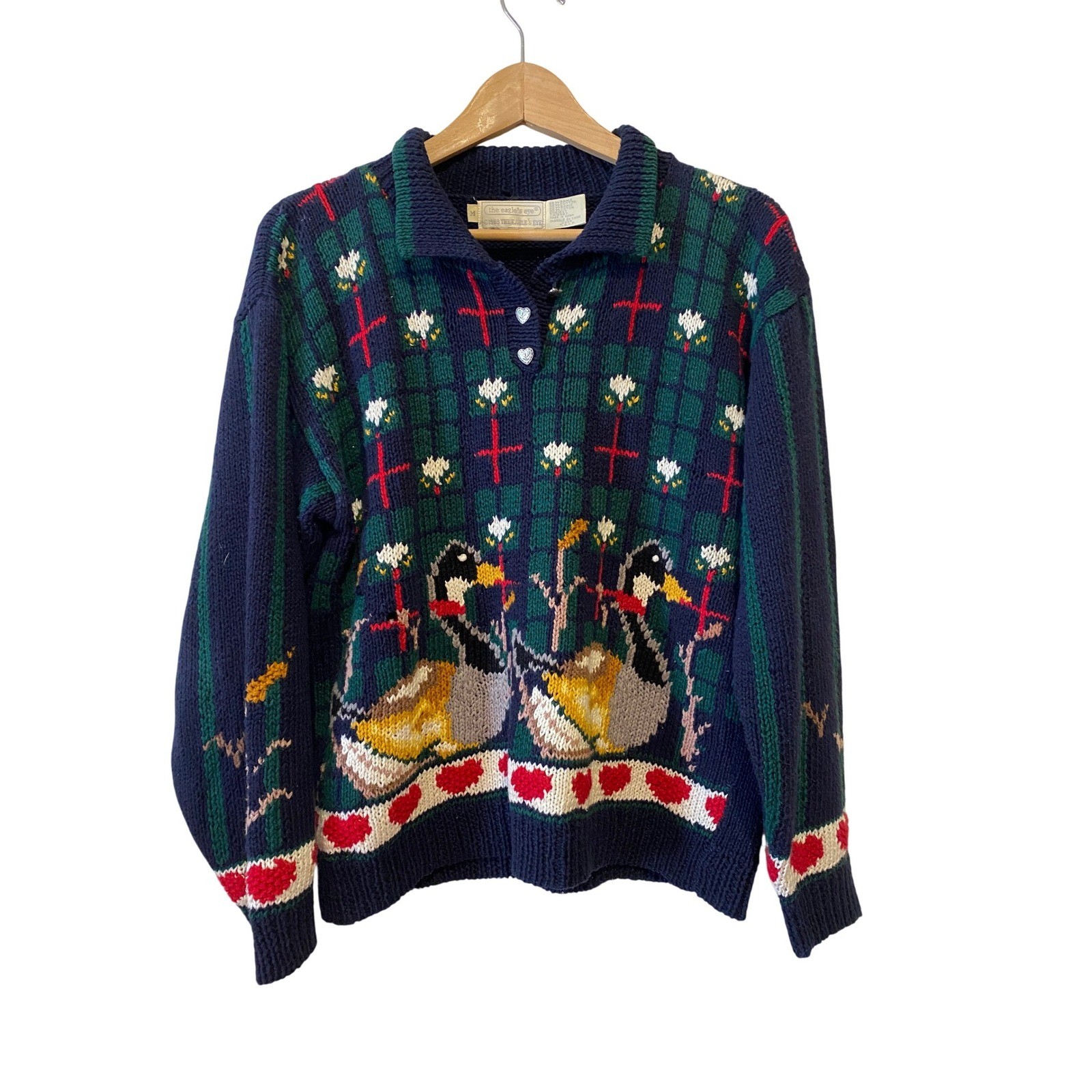Vintage Eagle’s Eye Duck Sweater Hand Knit Size M Blue Mallard Cottage Grandma