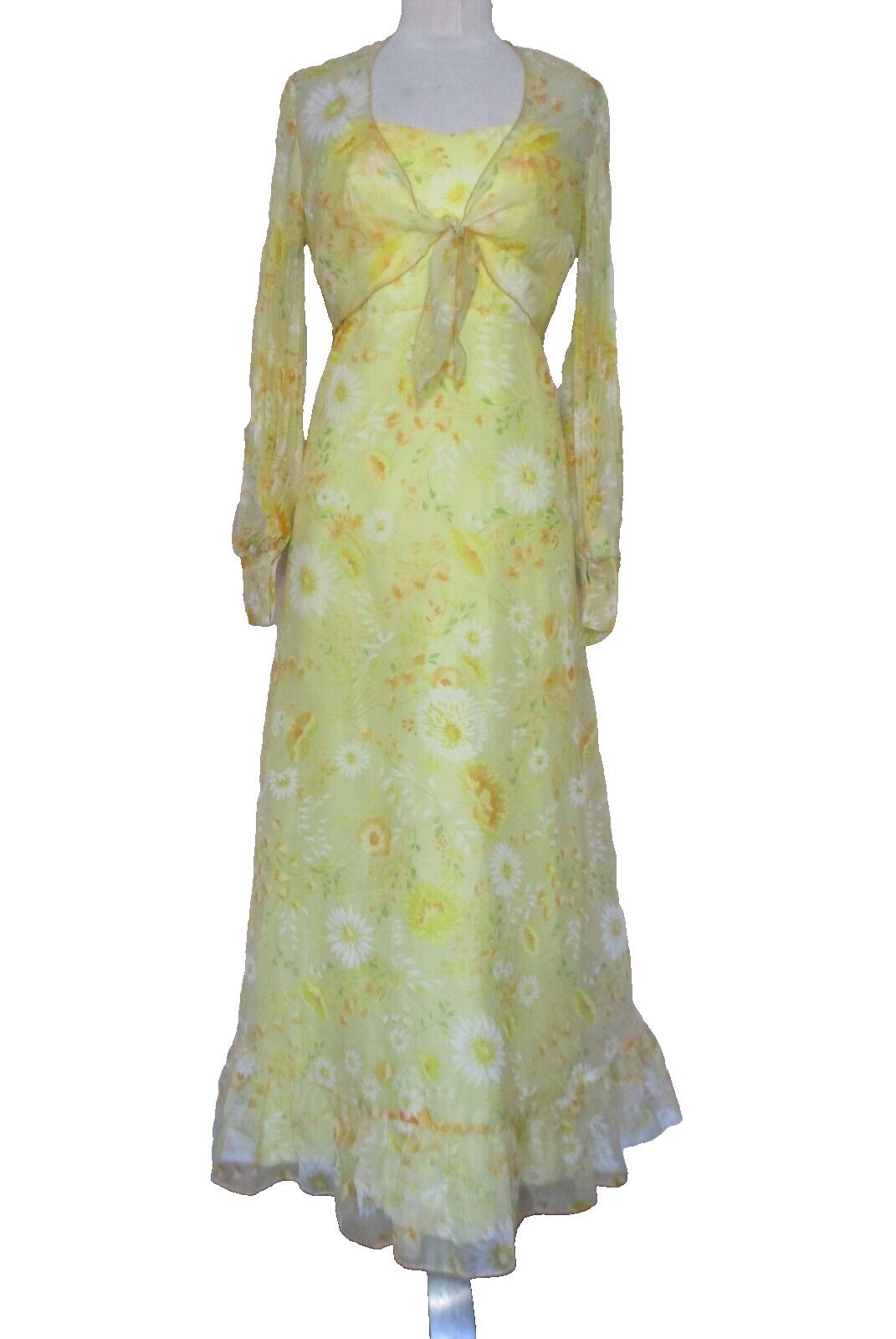 Vintage Maxi Dress & Bolero Jacket XS Women Yellow Floral Print Organza
