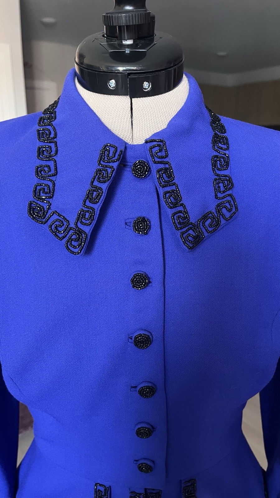 VTG 90s Purple Blue Wool Skirt Suit Set Bead Embroidery Peplum Jacket Size XS