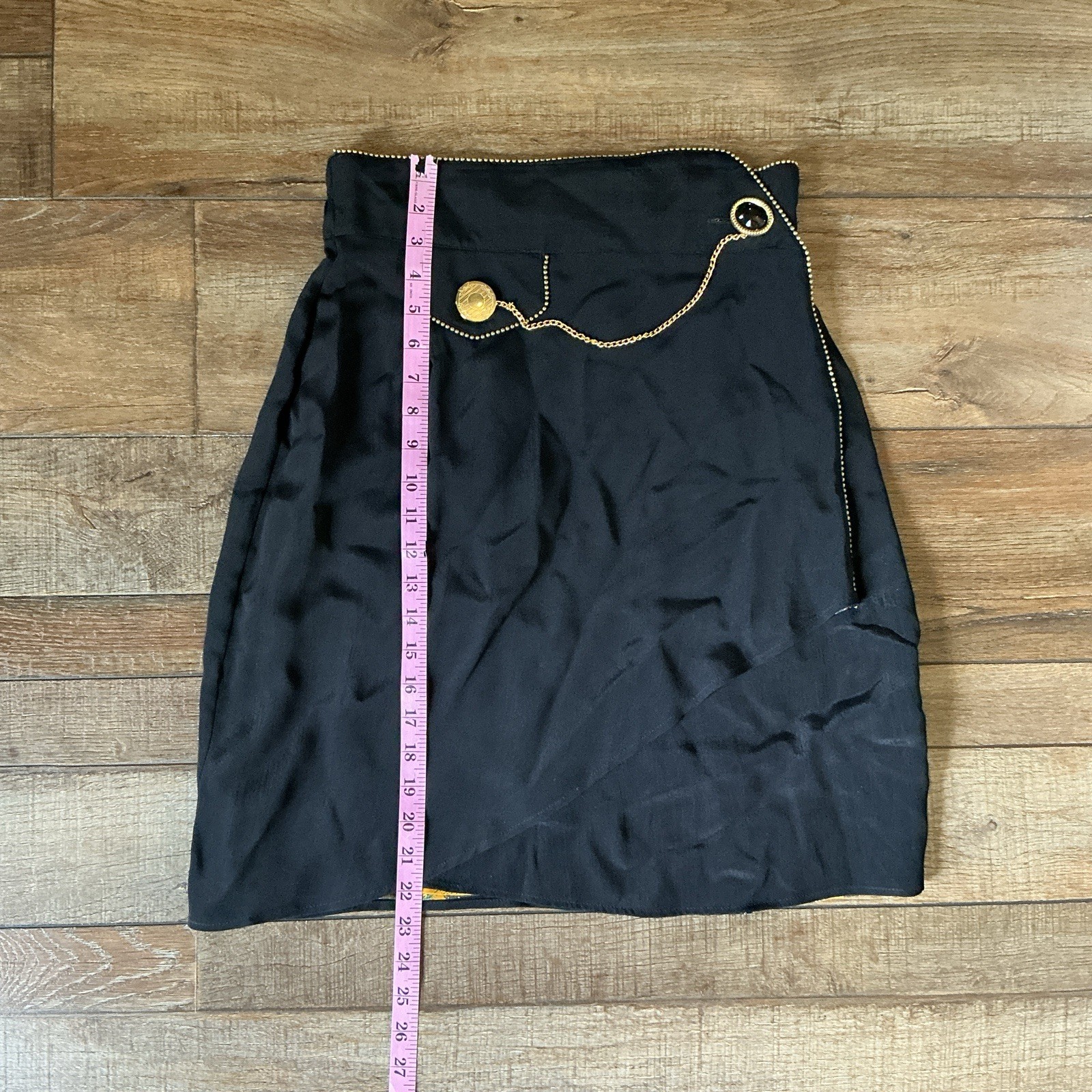 80s VTG Platinum Dorothy Schoelen Black Gold Chain Stud Mini Skirt Size 12 #53E1