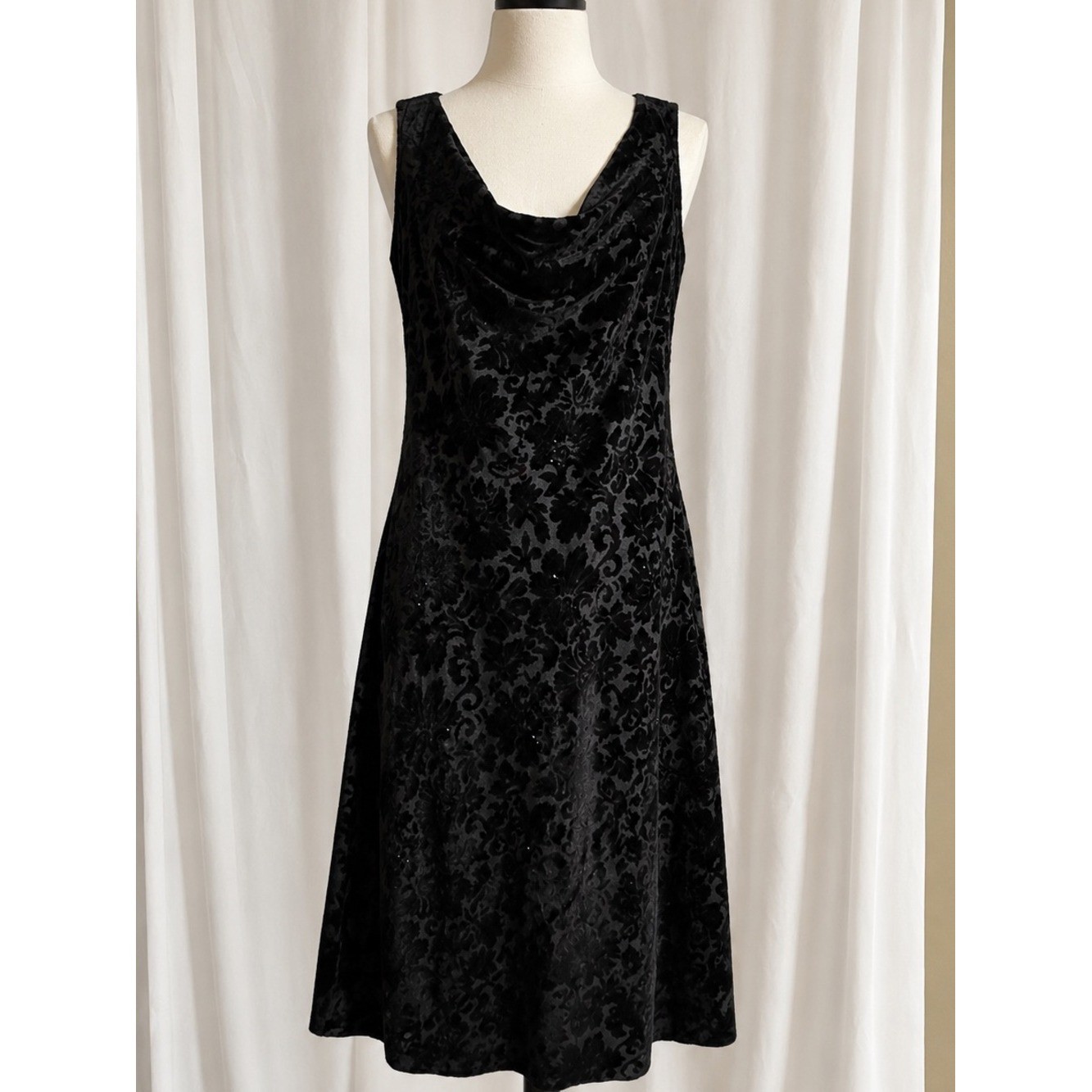 Vintage Black Velvet Midi Dress Sleeveless Cowl Neck Size 10