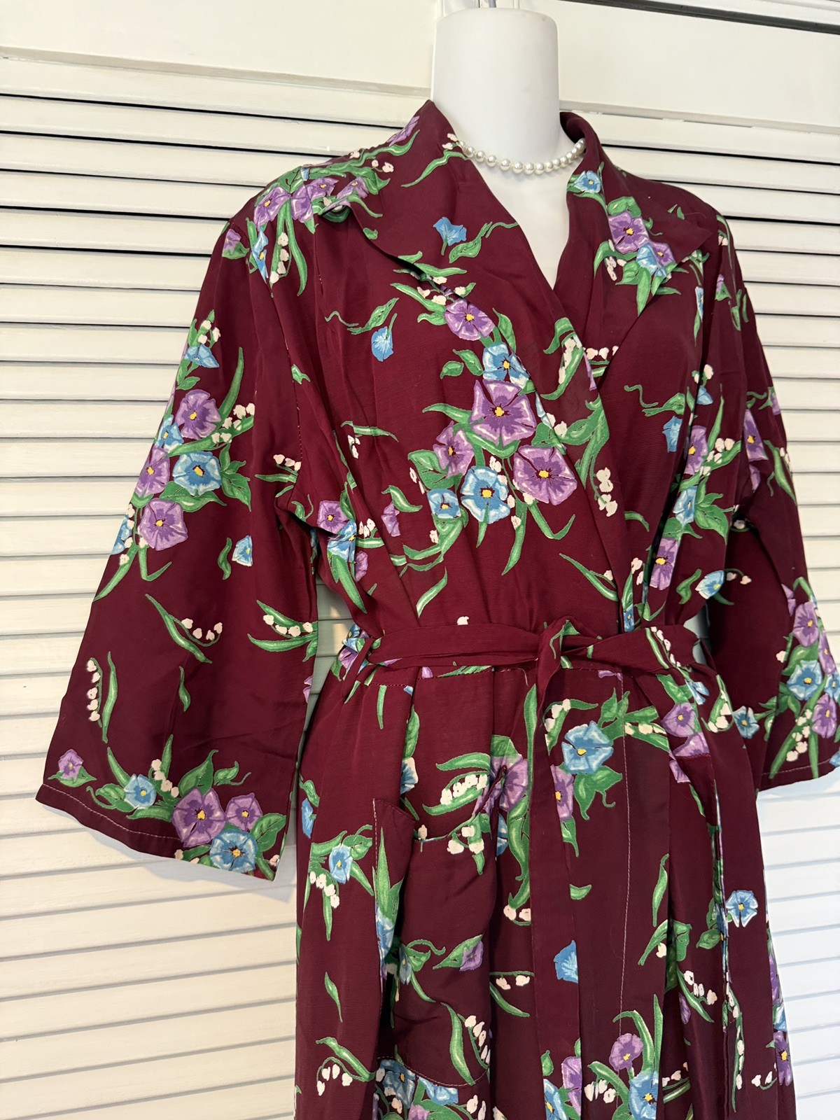 VTG 1940S Old Hollywood Deco Cold Rayon Floral Print Dressing Gown Robe Dress M