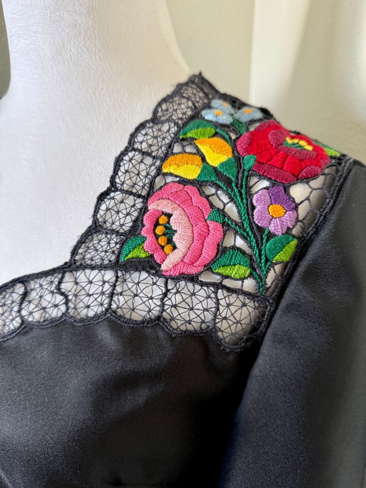 Vintage 1970s Long Sleeve Black Kalocsa Hungarian Folk Blouse With Floral