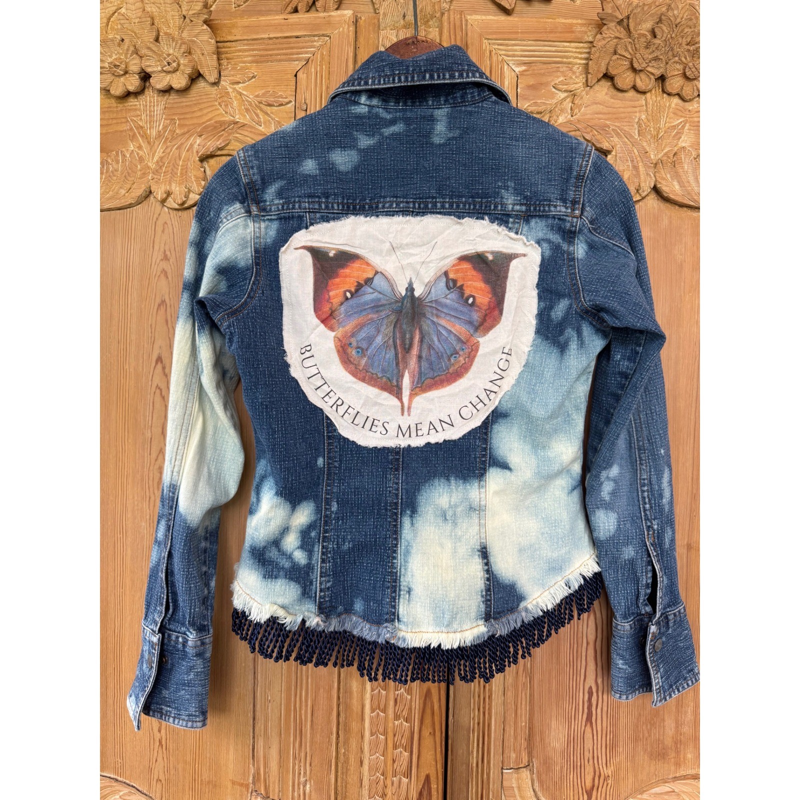 Upcycled Butterfly Jean Jacket | Bleached Fringe Denim | Size S