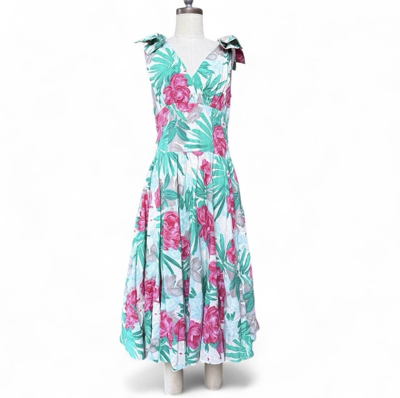 80’s Tropical Floral Cotton Midi Flare Dress POCKETS Sleeveless Bow Details M