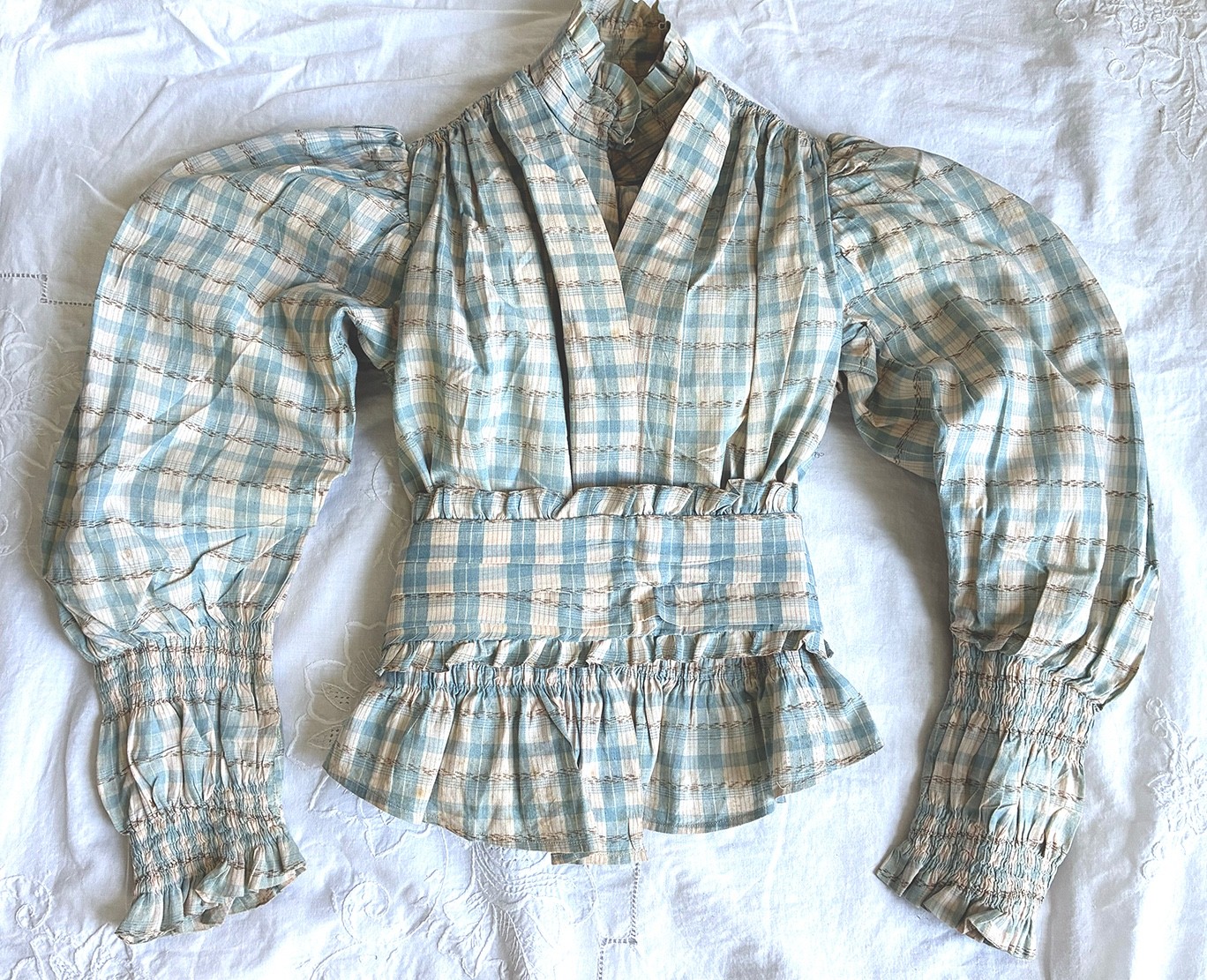 Antique 1800’s Ladies Gingham Bodice w Cummerbund & Stays ~ Mutton Sleeves XXS