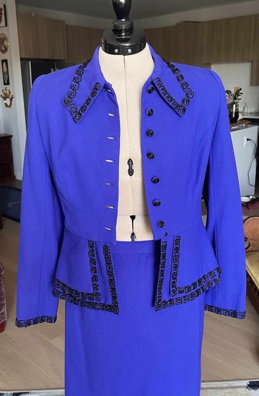 VTG 90s Purple Blue Wool Skirt Suit Set Bead Embroidery Peplum Jacket Size XS