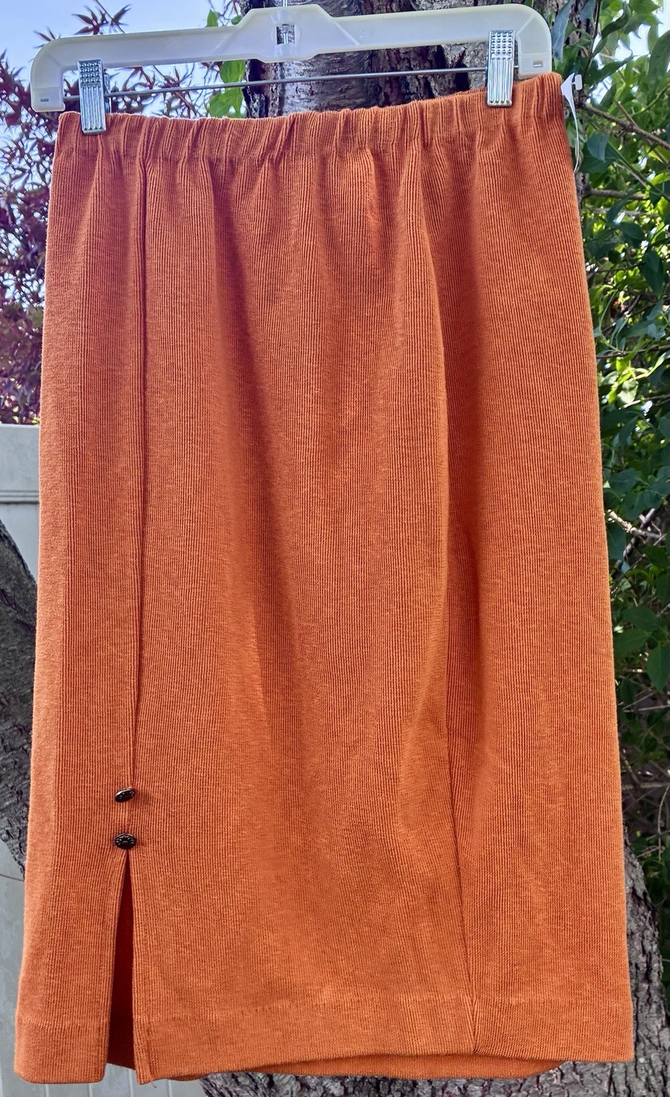 Vintage Orange Cotton Ribbed Knit Midi Skirt Side Slit Made In USA Women’s M