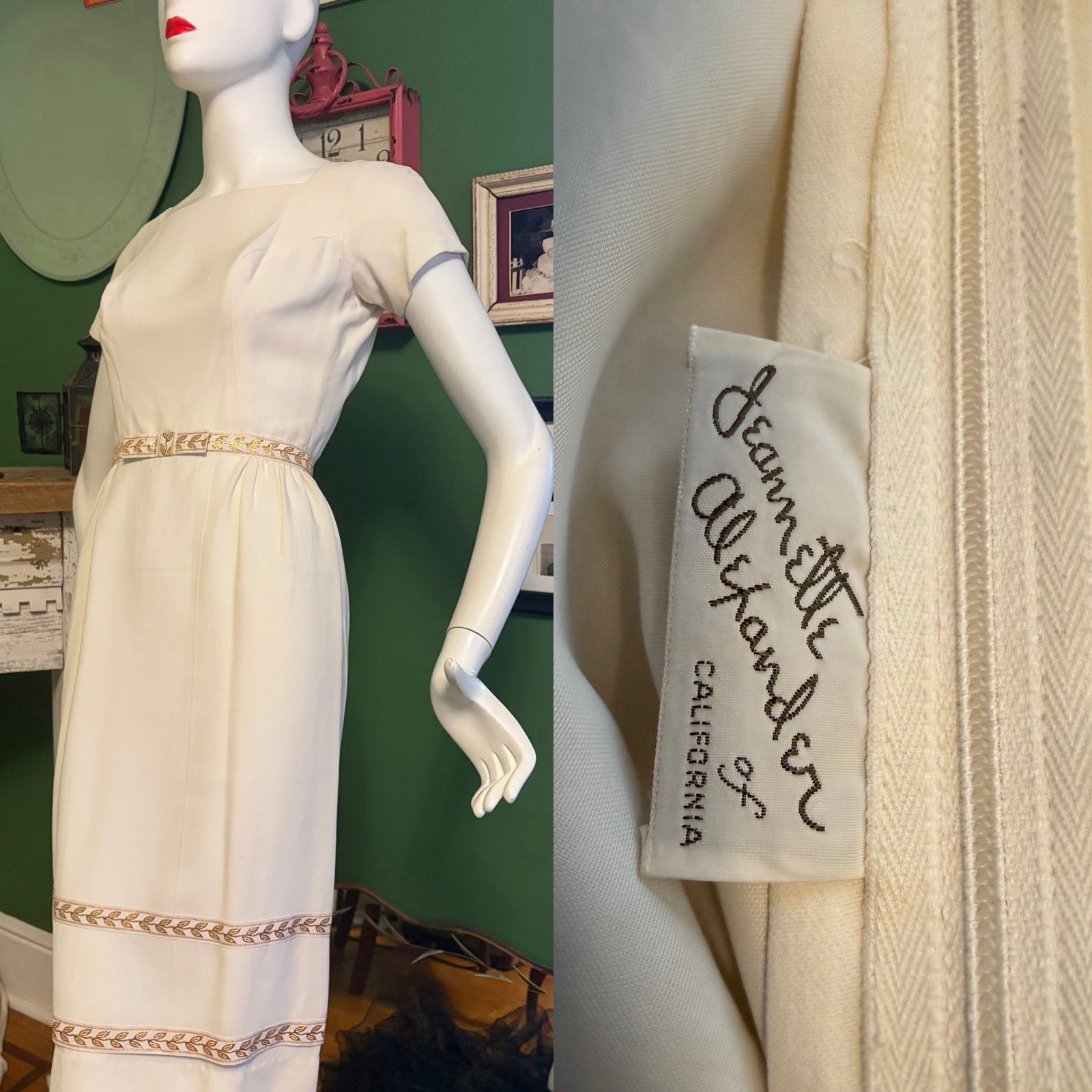 Vtg 1960s Grecian Ivory Crepe Sheath w Gold Ribbon Accents Wiggle Dress S 26