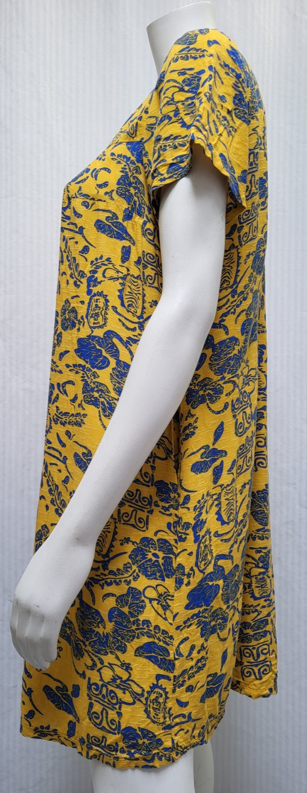 Vintage Yellow Blue Tiki Hawaiian Print Dress – Size M/L – EUC