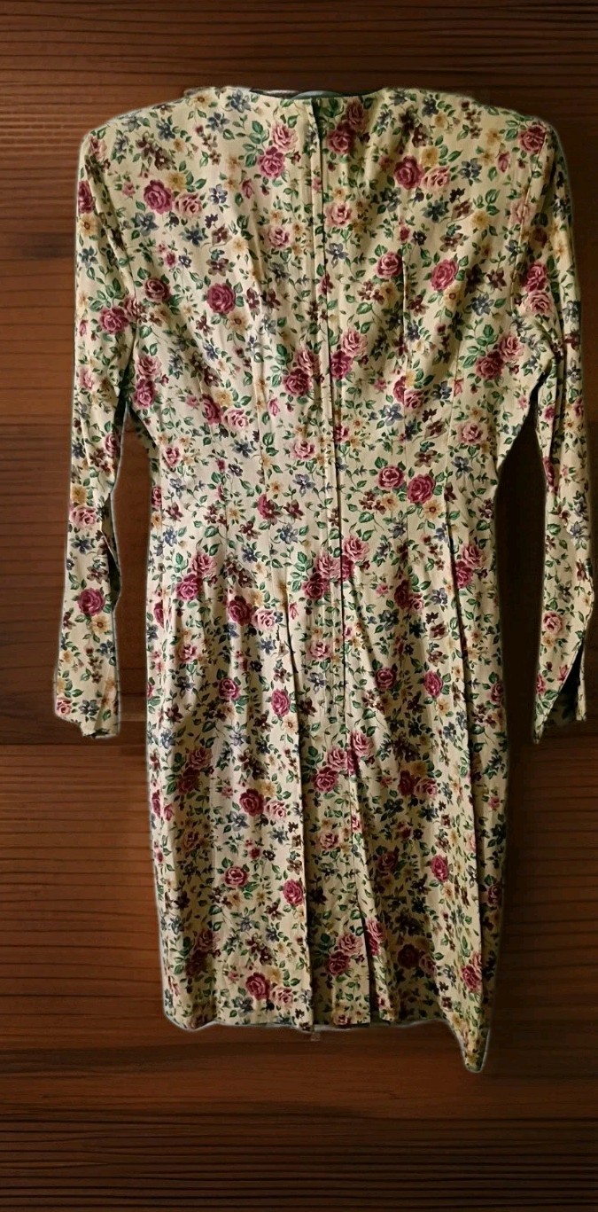 Vintage 80s Pleated Floral Cottagecore Mini Dress Shoulder Pads Long Sleeve 9/10