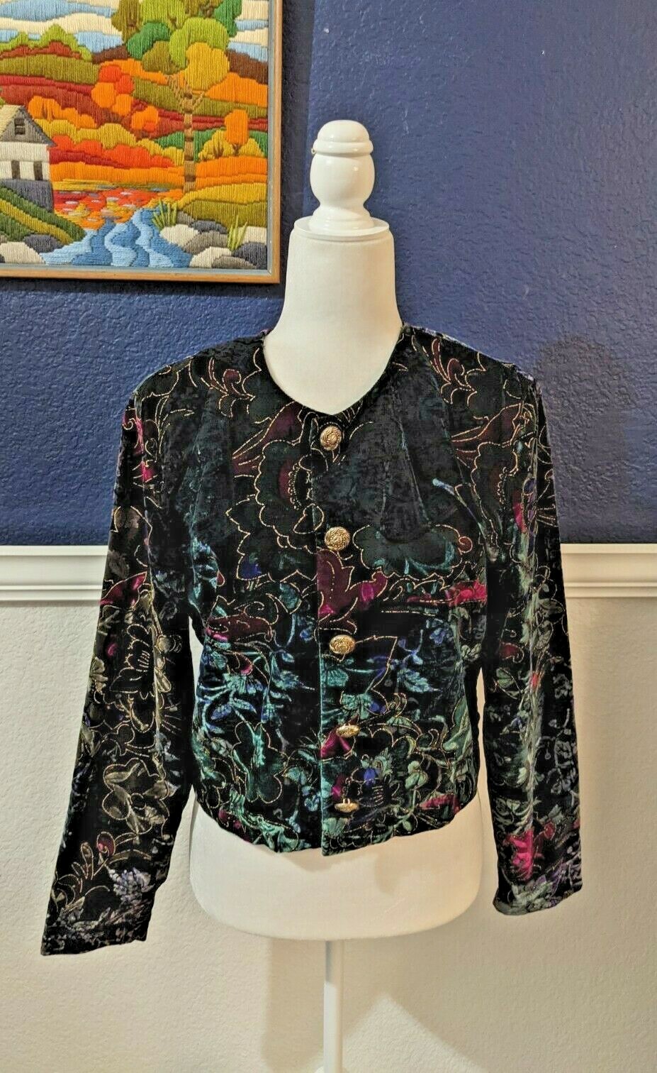VTG Pacquette Byer California Black Velvet Metallic Floral Cardigan Sz Medium M