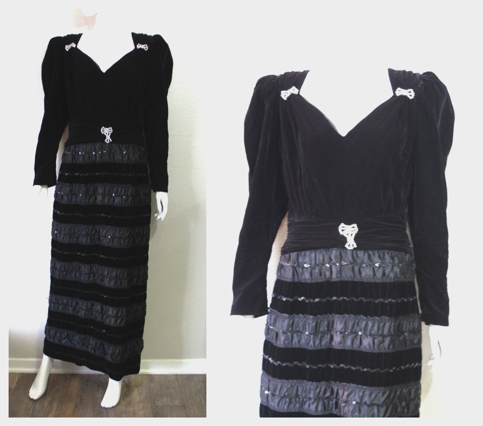 VTG 60s Claralura California Velvet Rhinestone Striped Cocktail Quilted Dress