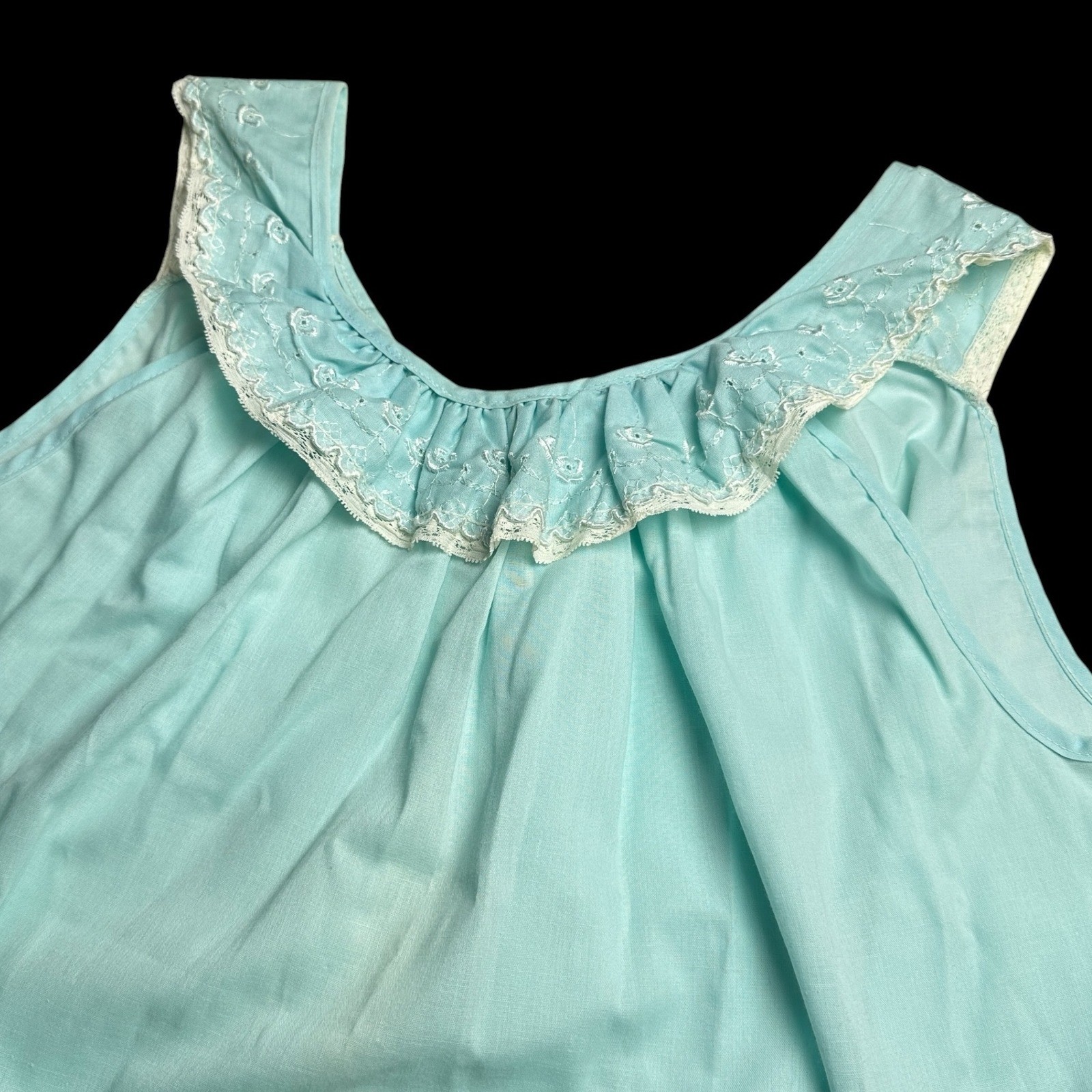 Vintage Aqua Blue Eyelet Lace Ruffle Babydoll Sleep Top Sleeveless Embroidered