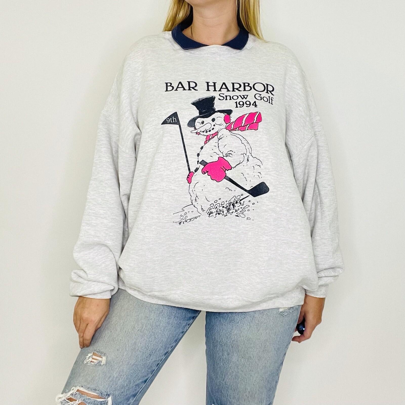Vintage 90s Bar Harbor Snow Golf 1994 Light Gray Snowman Sweatshirt XXL Jerzees