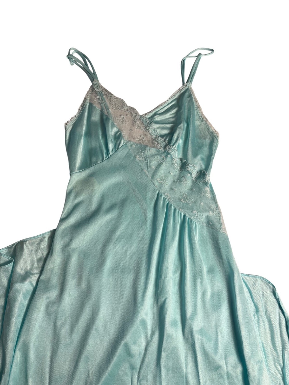 Vintage mint green Nylon Long Nightgown, Maxi slip dress Lace Trim XS USA sexy
