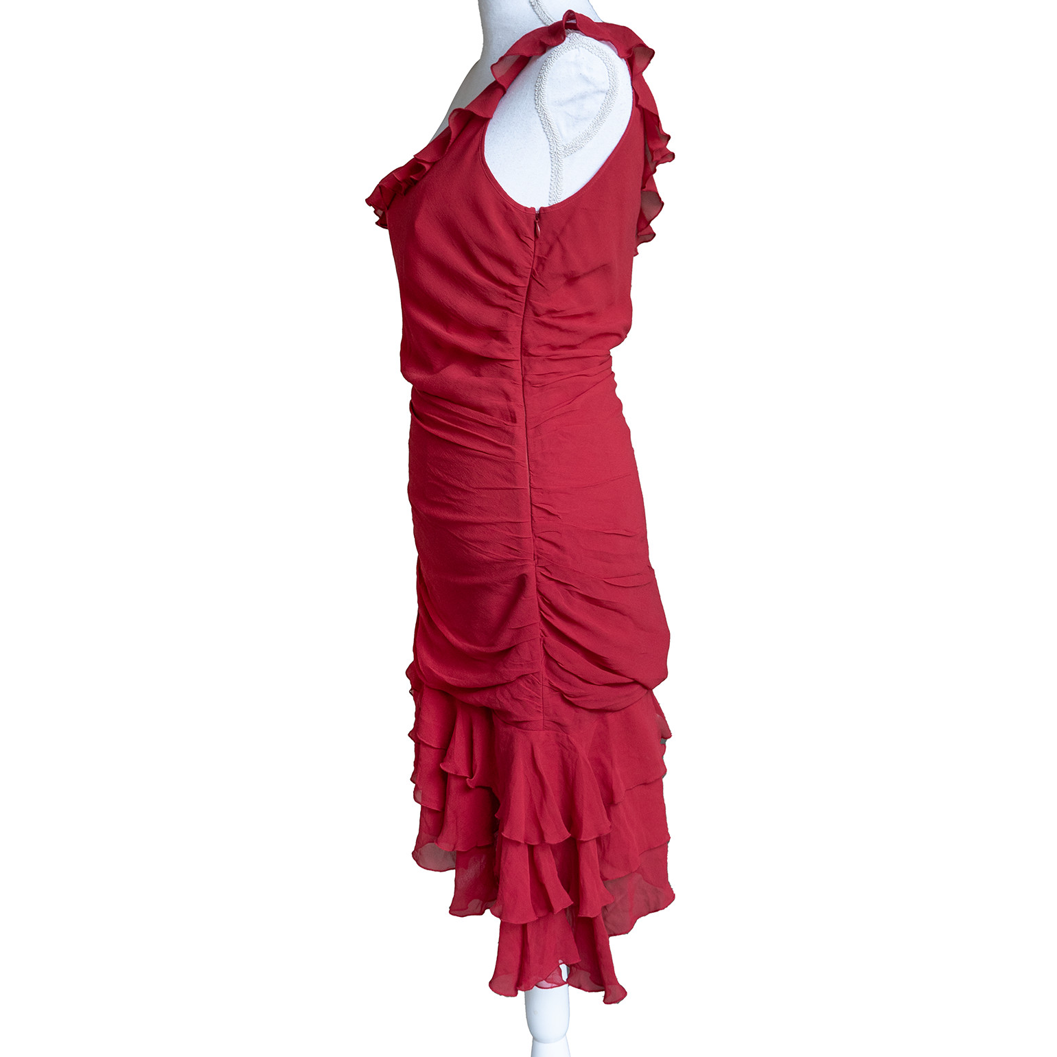 100% Silk Red Ruffle Dress Y2k Vintage One Shoulder Ruffle Asymmetrical Hem Midi