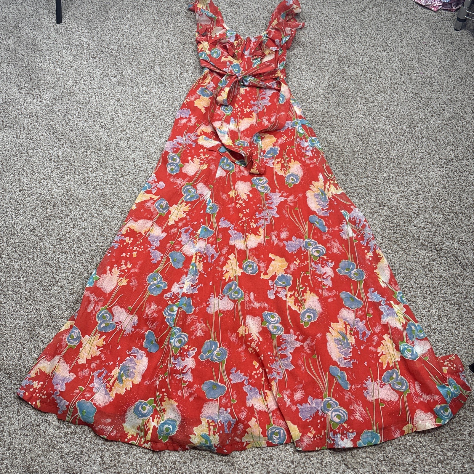 Vintage 70s Jody T Of California Cap Sleeve Orange Floral Long Dress Sz 5