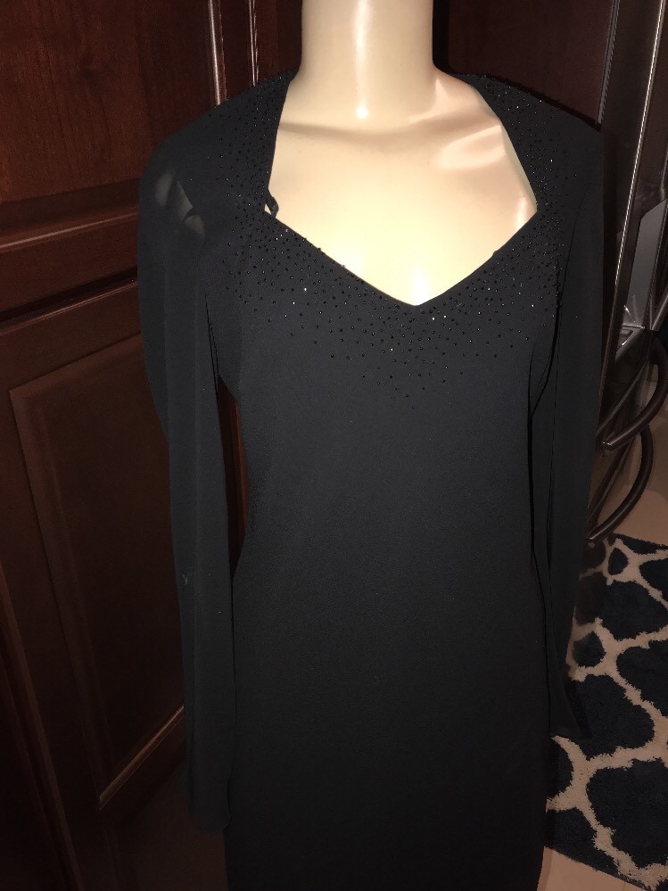 VTG EVAN PICONE BLACK SHEER SLEEVES LINED Dress BEADED SIZE MED xts