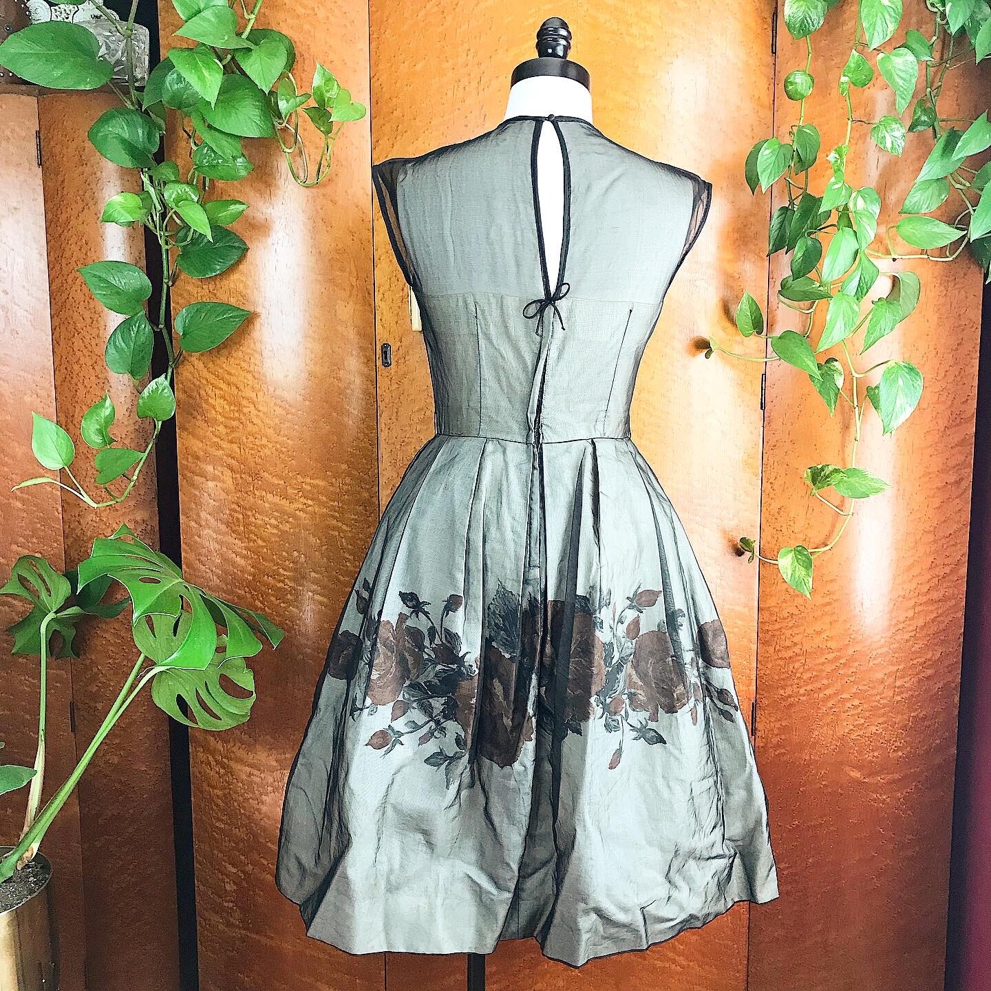 ORANGE ROSES 1950’s 50s Vintage Rose Print Black Organza Party Cocktail Dress S
