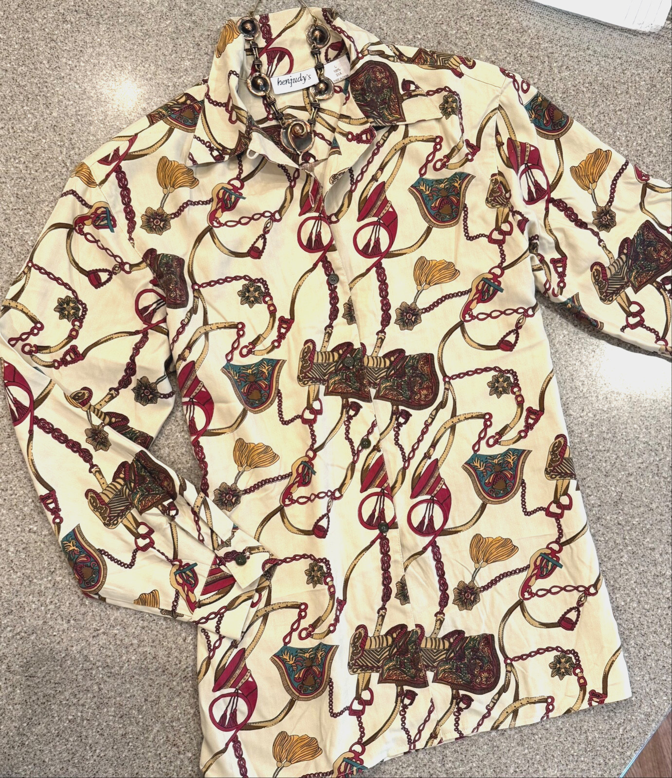 Vintage BENJUDY’S Pure Silk Long Sleeve Equestrian Horse Print Blouse Sz L