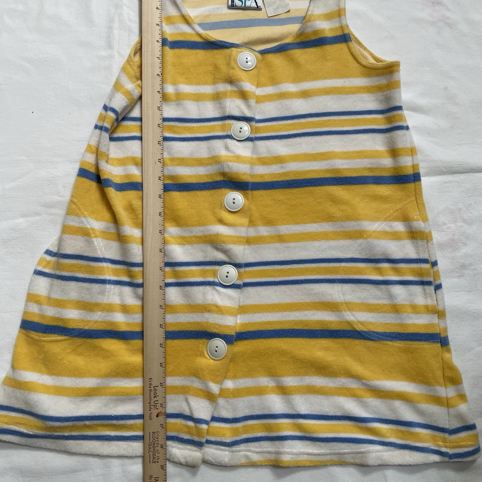 Vtg SPA 70s 80s Terry Cloth Cover Up Dress Medium Yellow Blue Striped Beach Pool
