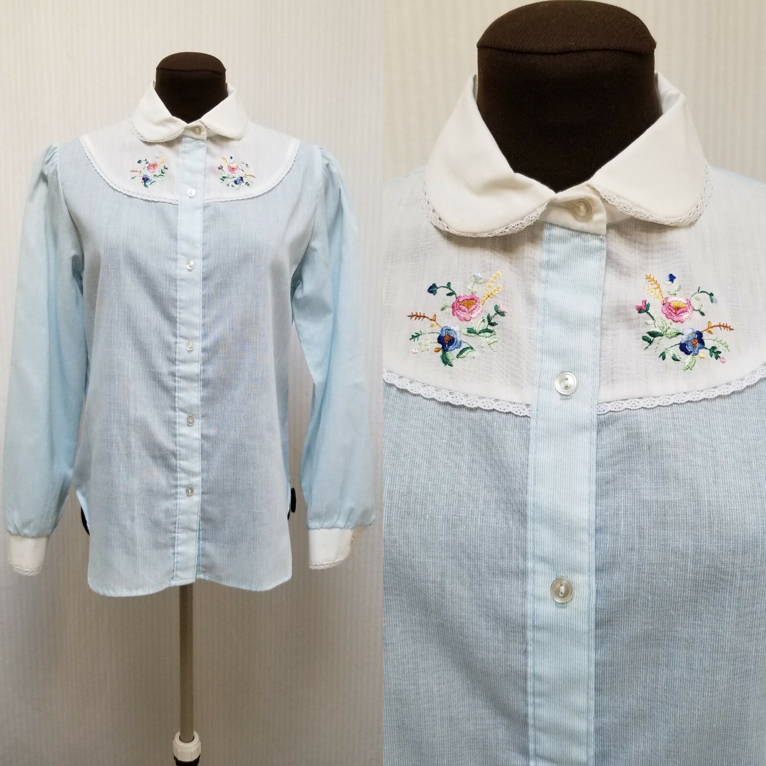 Vintage 70’s Blue Pinstripe w/ Embroidered Yoke Shirt – Positive Reaction – S/M