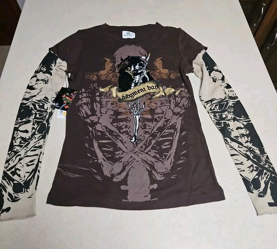 New Y2K Goth Black Pearl Long Sleeve T-SHIRT Womens M Skull Judgment Ban Velvet