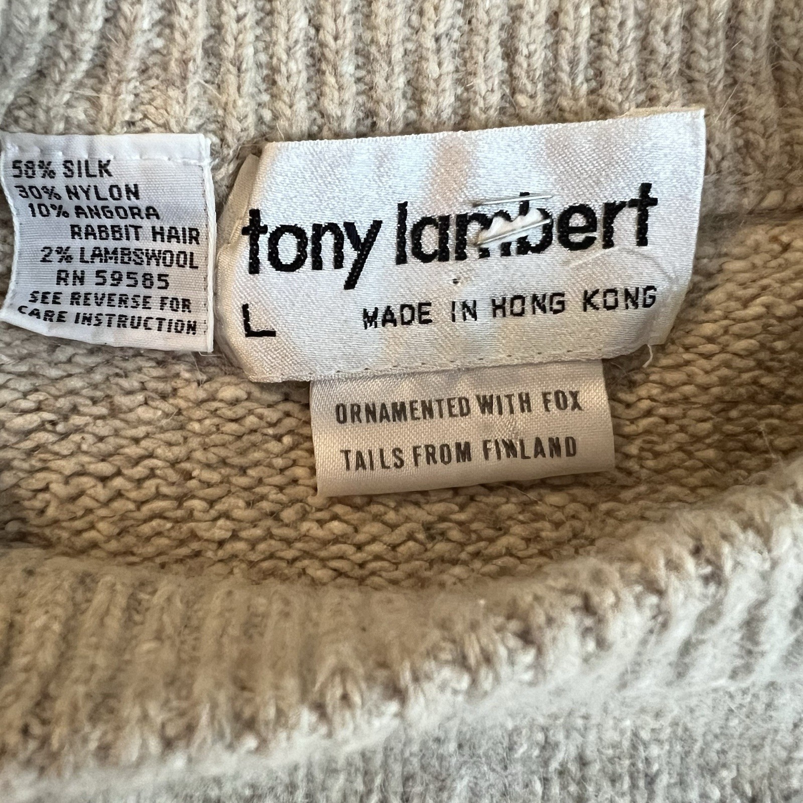 Vintage Tony Lambert Women’s Silk Nylon Angora Rabbit Sweater Tan Ivory L Fits S