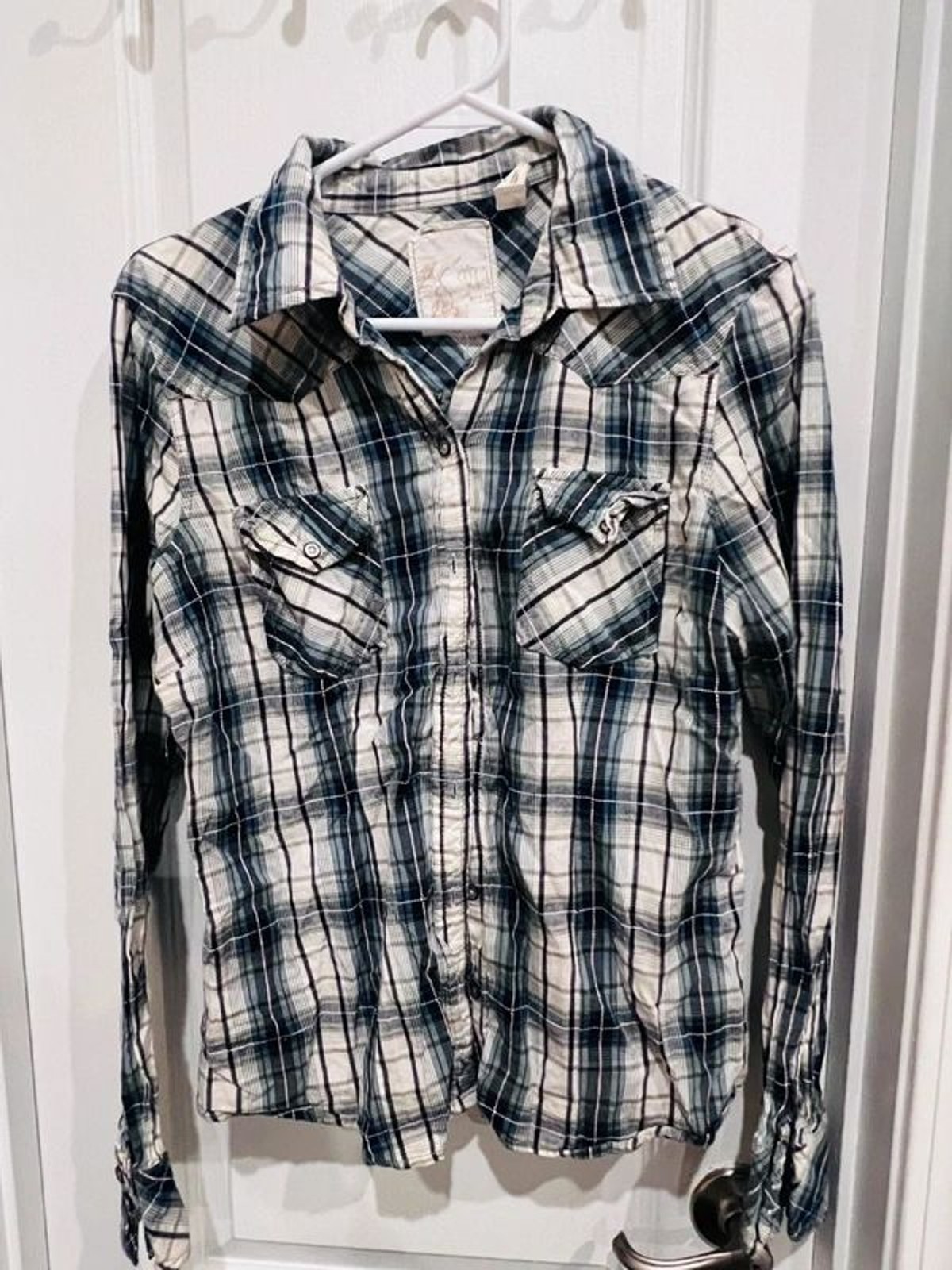 Girl Krazy Women’s Size L Blue White Plaid Button Front Western100% Cotton