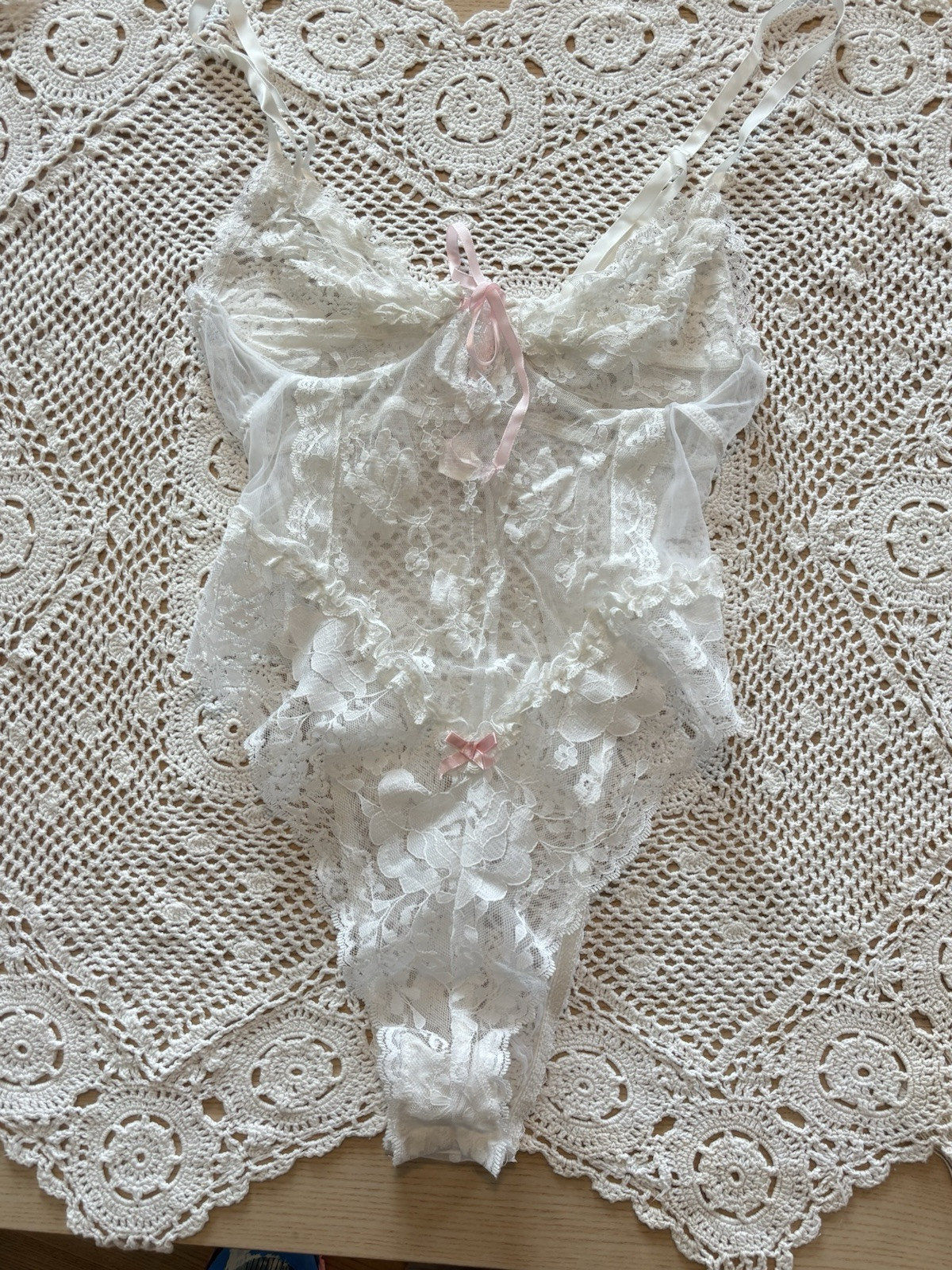 VTG 80s E. Bole White Lace High Cut Lingerie Teddy Sheer Lace Pink Bow