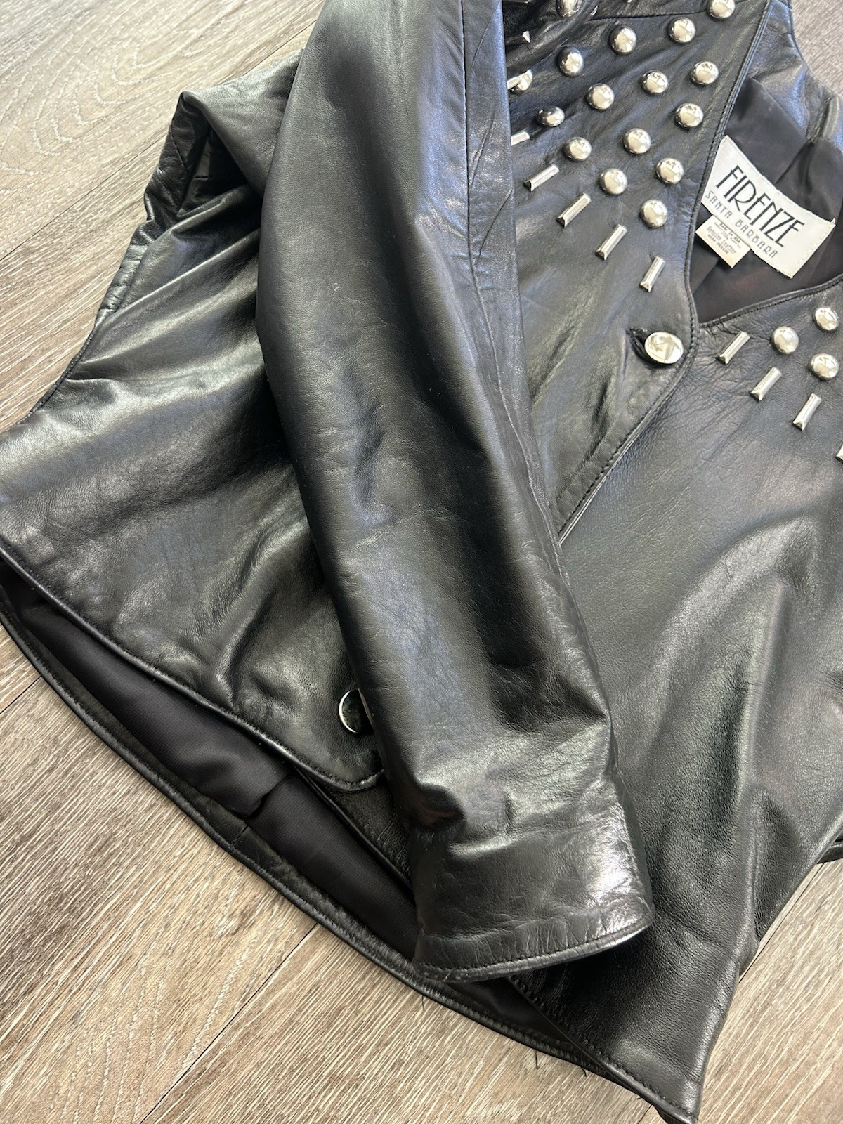 VTG Firenze SB Designer Studded Black Calfskin Moto Leather Jacket Sz S 80s