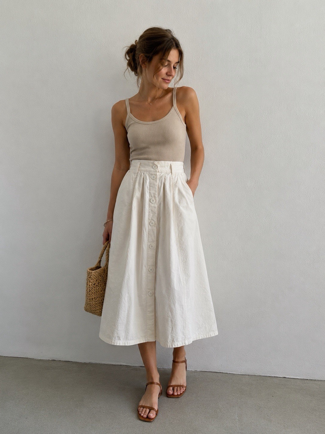 Vintage 100% Cotton Button Front A-Line Midi Skirt | Cottagecore Coastal Grandma