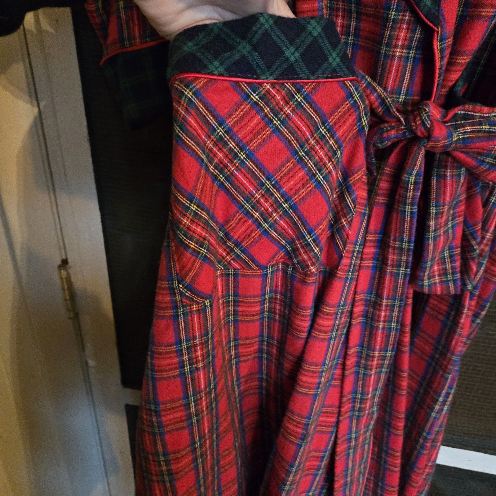 Vintage Cotillion Red Contrast Grn Plaid Cotton Flannel Robe Made USA