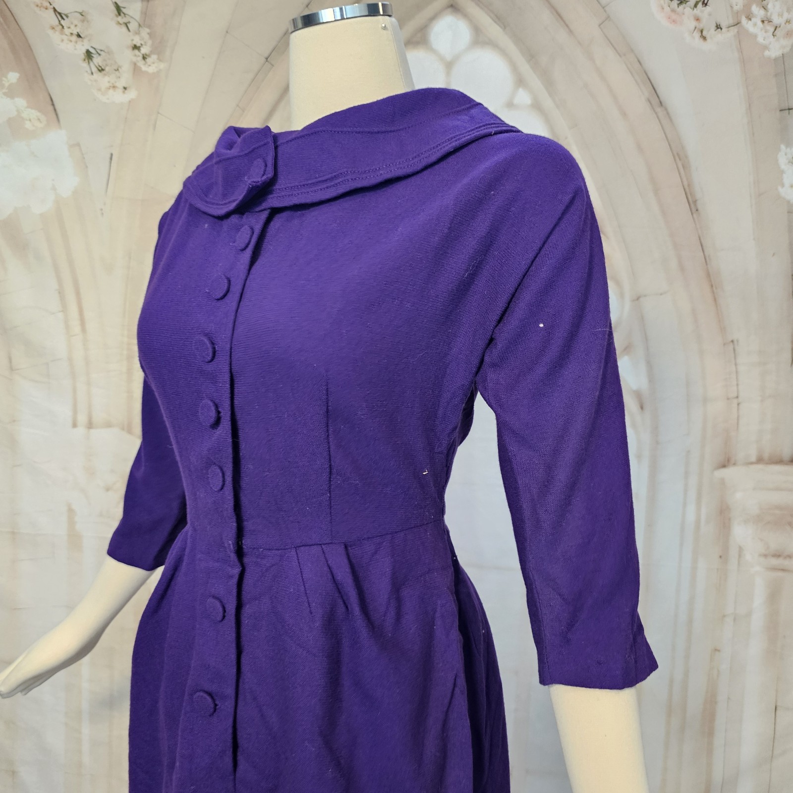 Vintage 1950s Fitted Wiggle Dress Wool Purple A Pomette Fashion Pinup Rockabilly