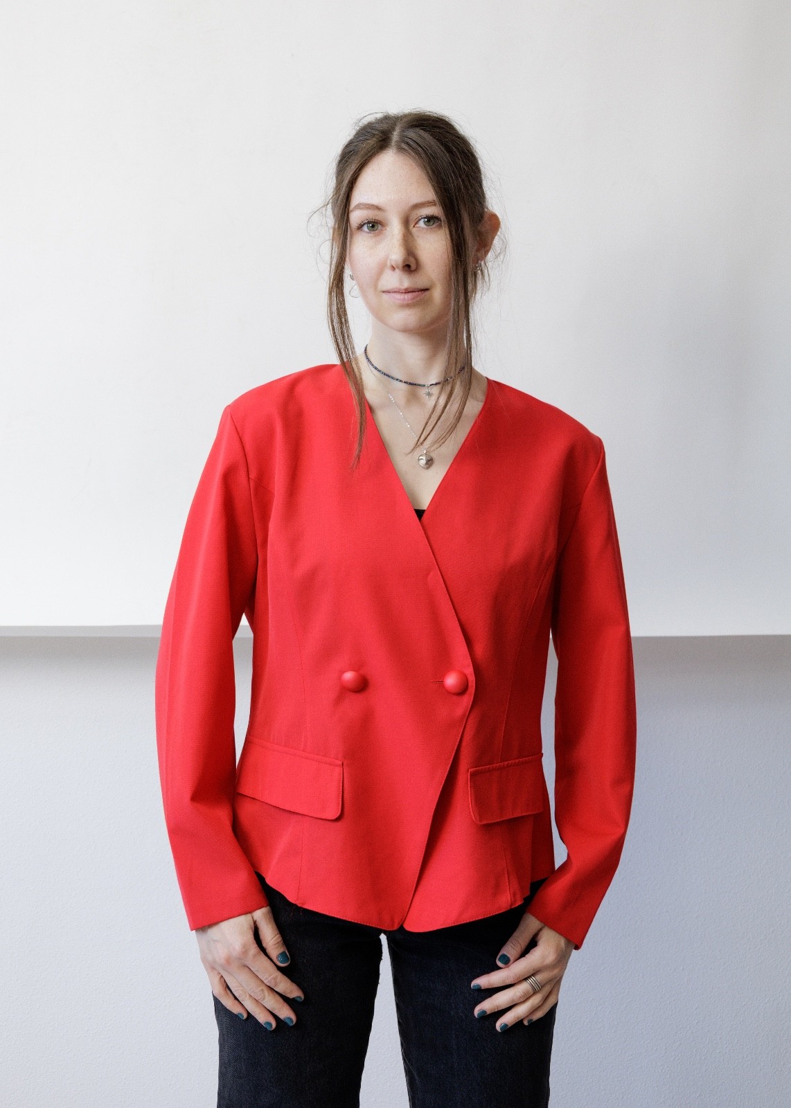 Vintage 80s Crimson Red Wool Blend Blazer Collarless V-Neck Power Jacket Women’s